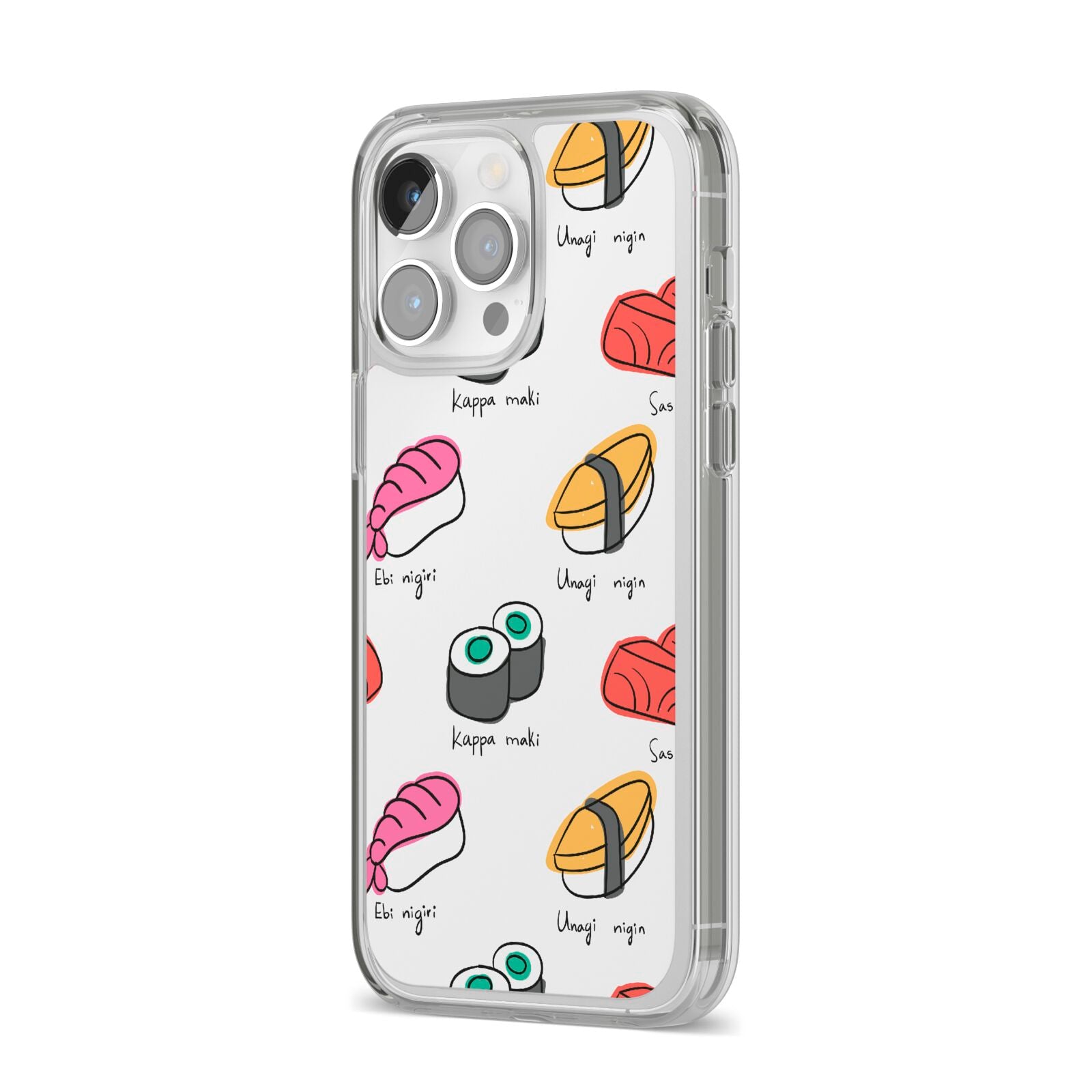 Sashimi Kappa Maki Sushi iPhone 14 Pro Max Clear Tough Case Silver Angled Image