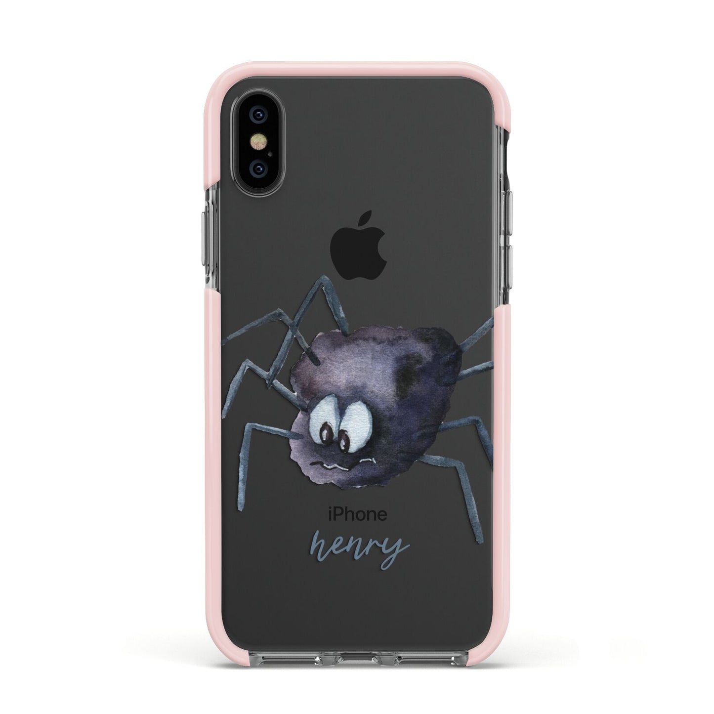 Scared Spider Personalised Apple iPhone Xs Impact Case Pink Edge on Black Phone
