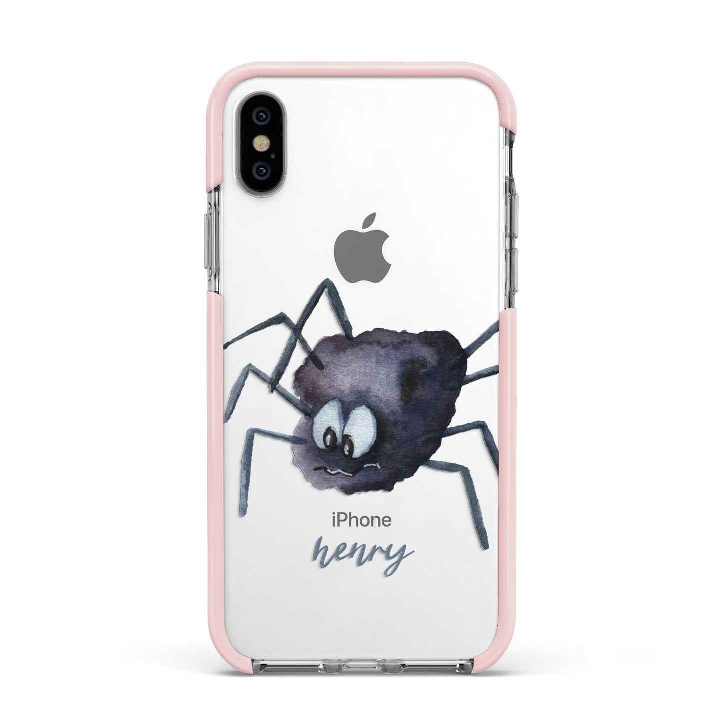 Scared Spider Personalised Apple iPhone Xs Impact Case Pink Edge on Silver Phone