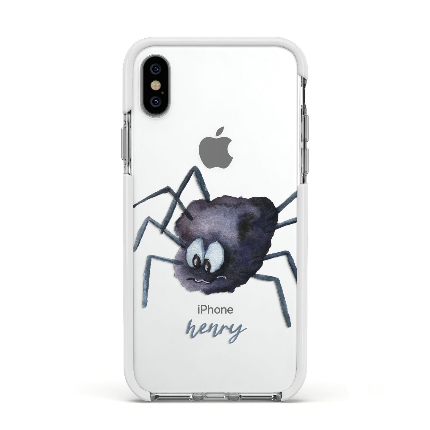 Scared Spider Personalised Apple iPhone Xs Impact Case White Edge on Silver Phone