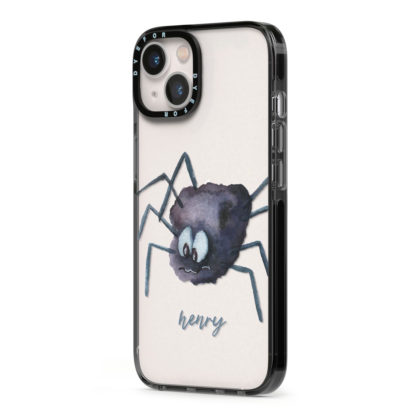 Scared Spider Personalised iPhone 13 Black Impact Case Side Angle on Silver phone