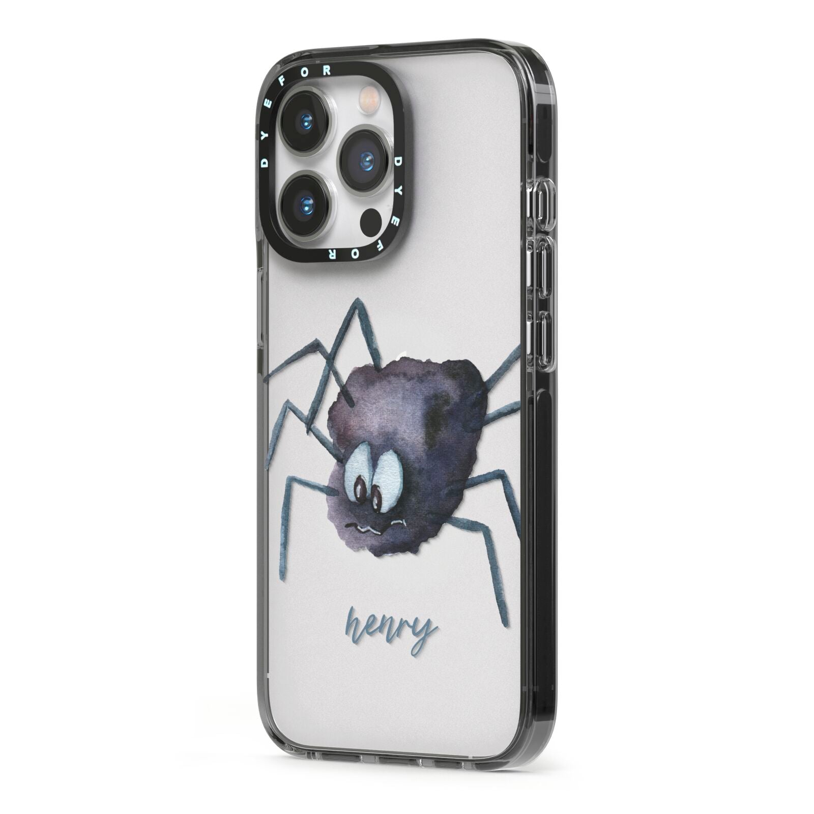 Scared Spider Personalised iPhone 13 Pro Black Impact Case Side Angle on Silver phone