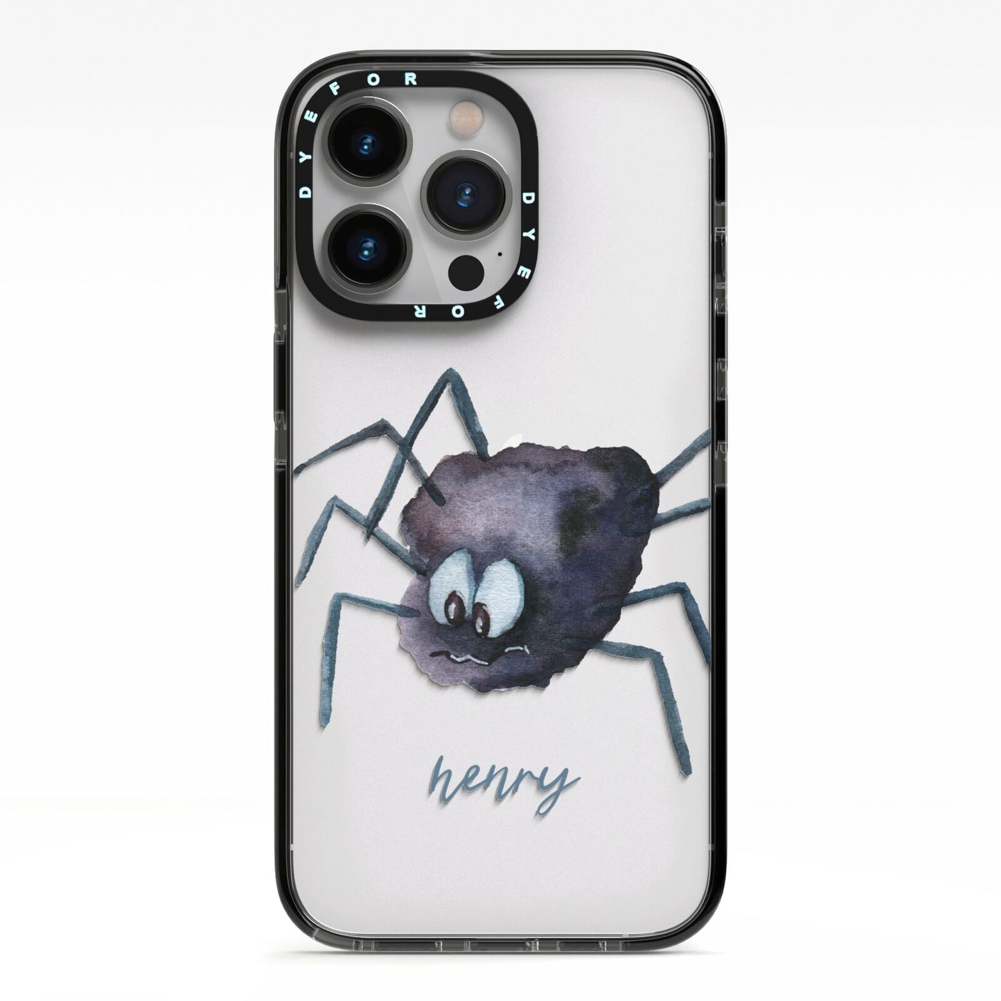 Scared Spider Personalised iPhone 13 Pro Black Impact Case on Silver phone