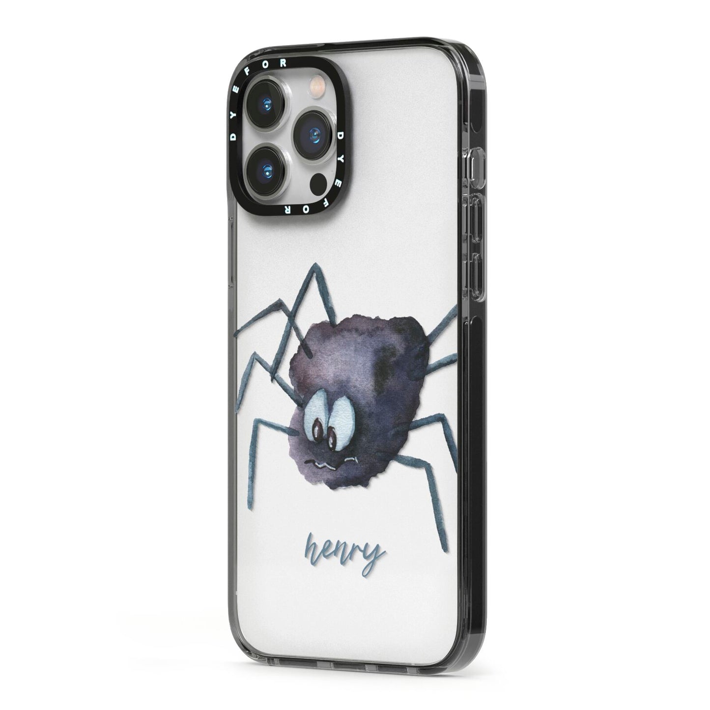 Scared Spider Personalised iPhone 13 Pro Max Black Impact Case Side Angle on Silver phone