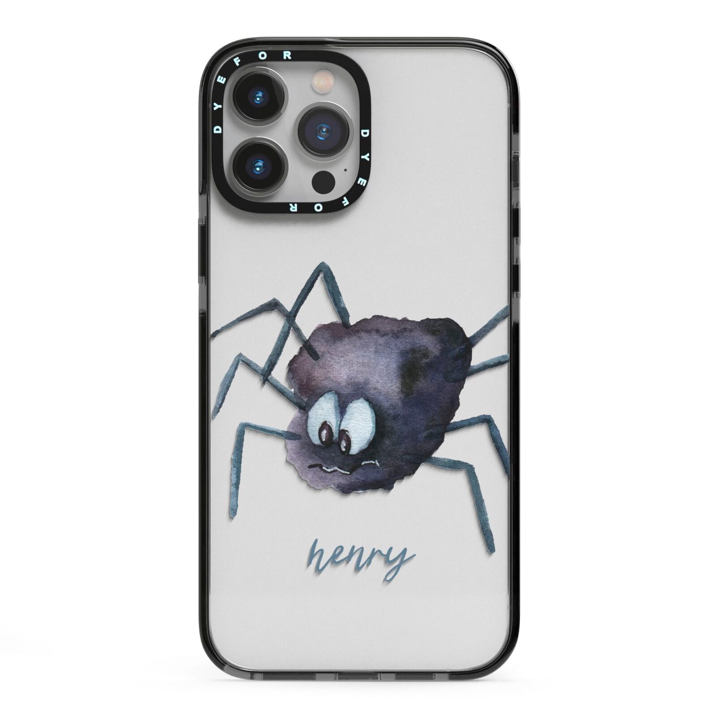Scared Spider Personalised iPhone 13 Pro Max Black Impact Case on Silver phone