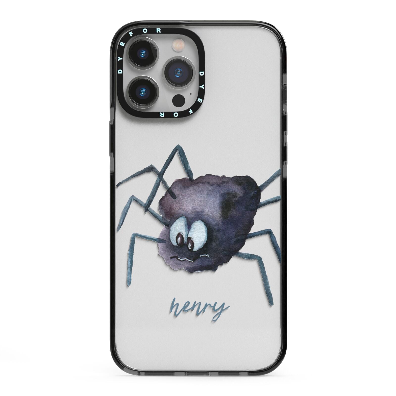 Scared Spider Personalised iPhone 13 Pro Max Black Impact Case on Silver phone