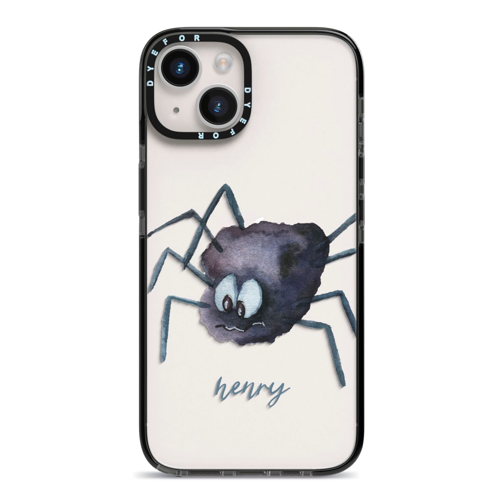 Scared Spider Personalised iPhone 14 Black Impact Case on Silver phone