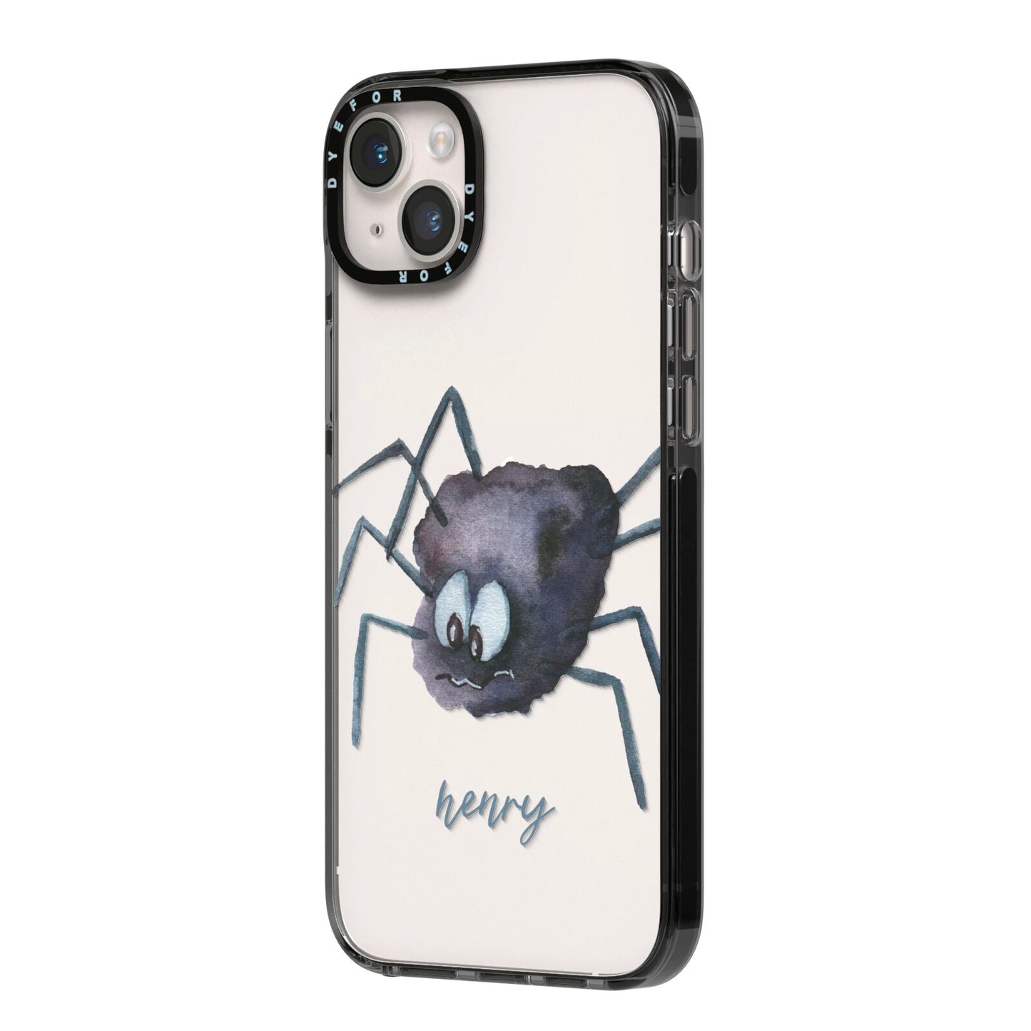 Scared Spider Personalised iPhone 14 Plus Black Impact Case Side Angle on Silver phone