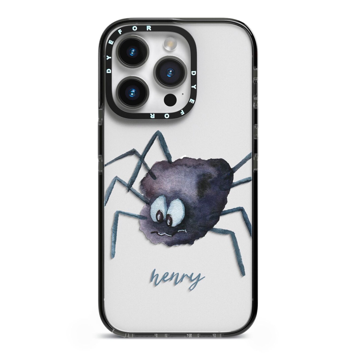 Scared Spider Personalised iPhone 14 Pro Black Impact Case on Silver phone