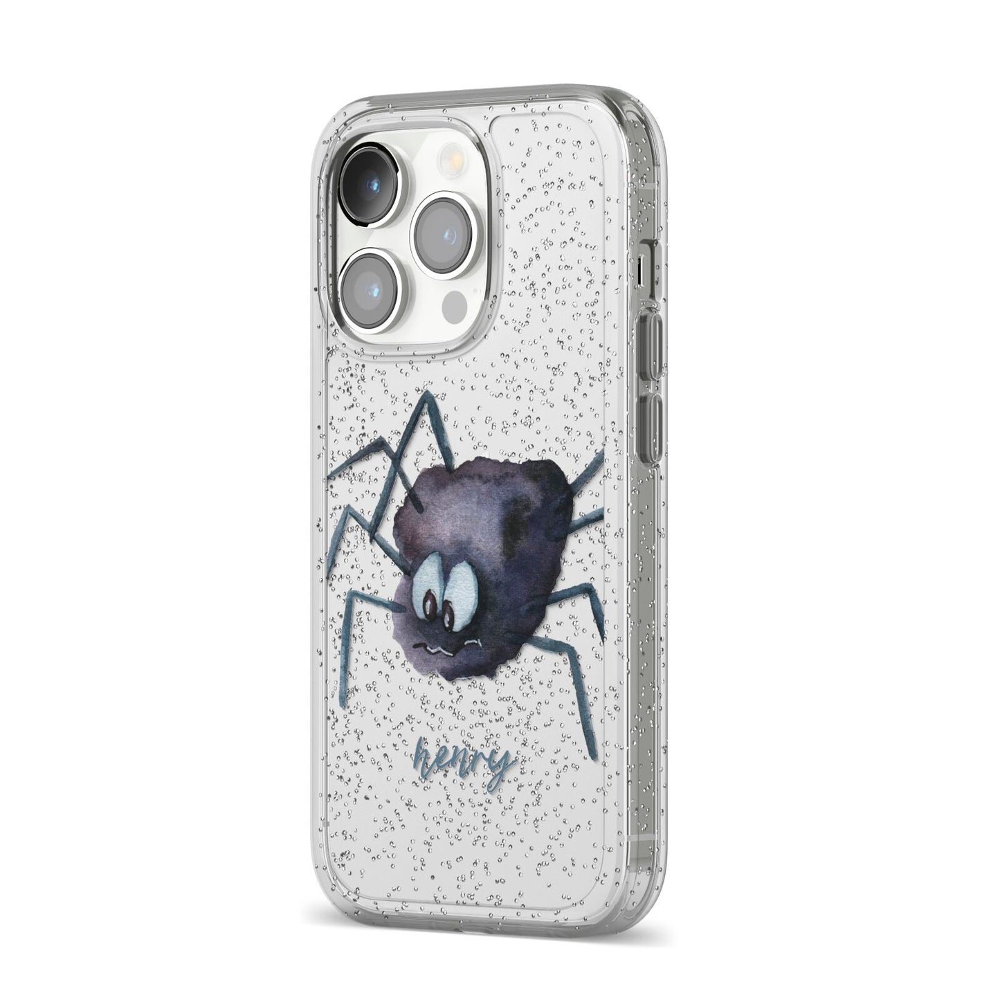 Scared Spider Personalised iPhone 14 Pro Glitter Tough Case Silver Angled Image