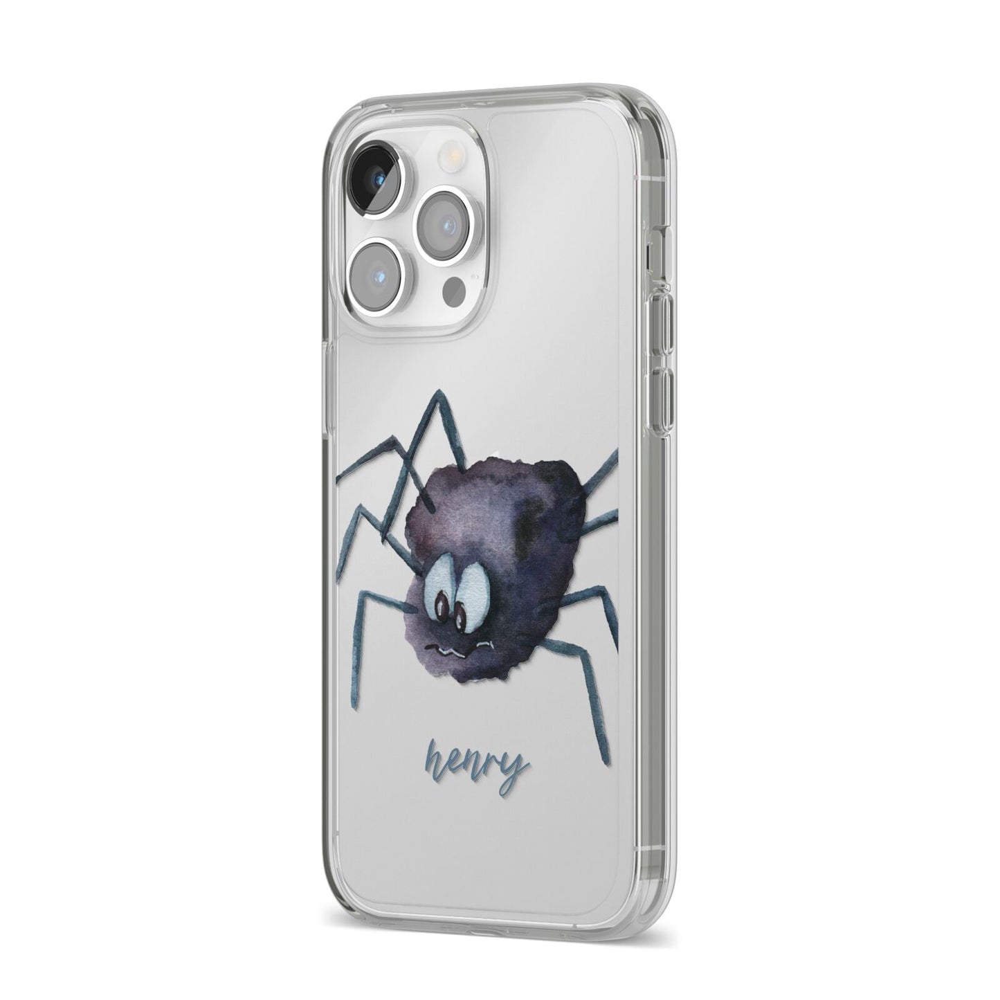 Scared Spider Personalised iPhone 14 Pro Max Clear Tough Case Silver Angled Image
