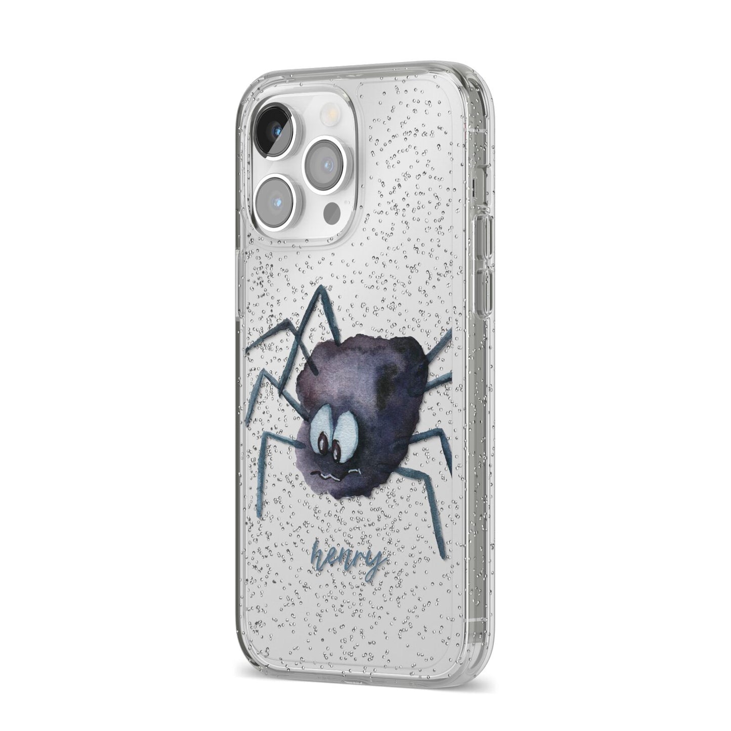 Scared Spider Personalised iPhone 14 Pro Max Glitter Tough Case Silver Angled Image