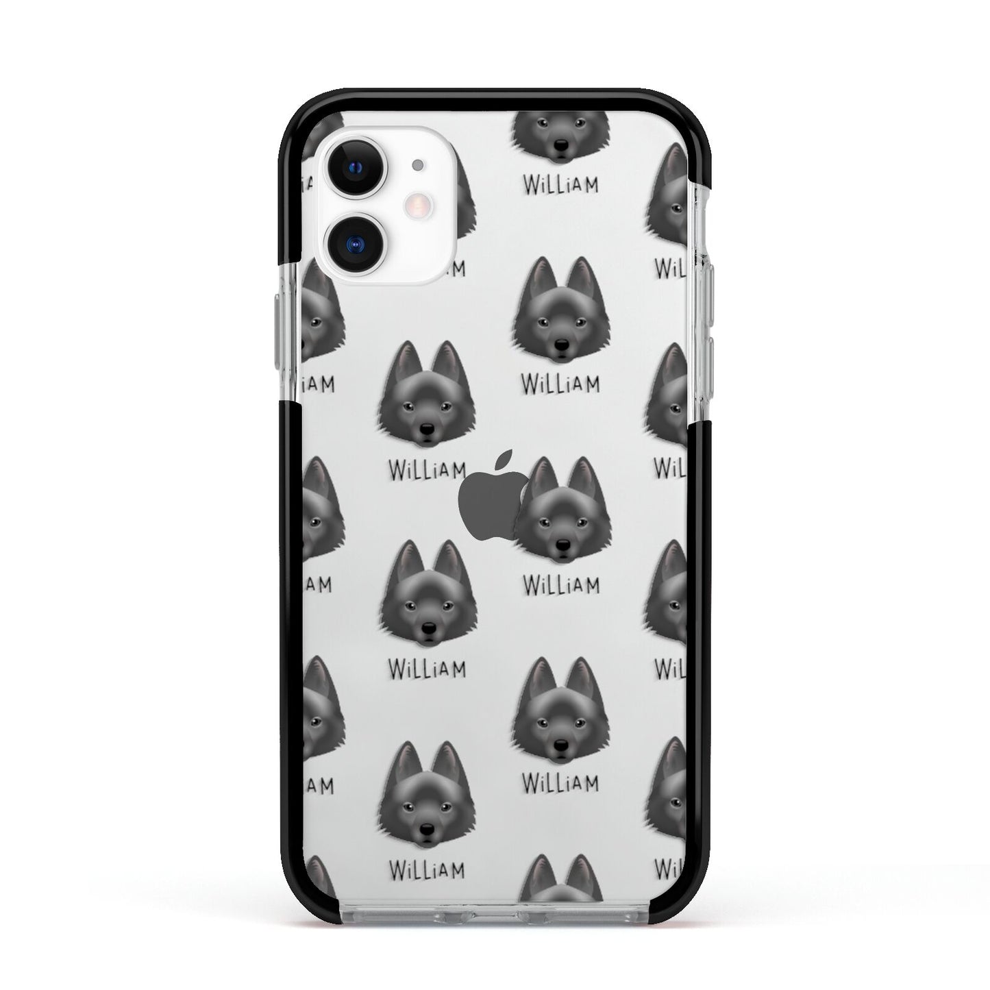 Schipperke Icon with Name Apple iPhone 11 in White with Black Impact Case