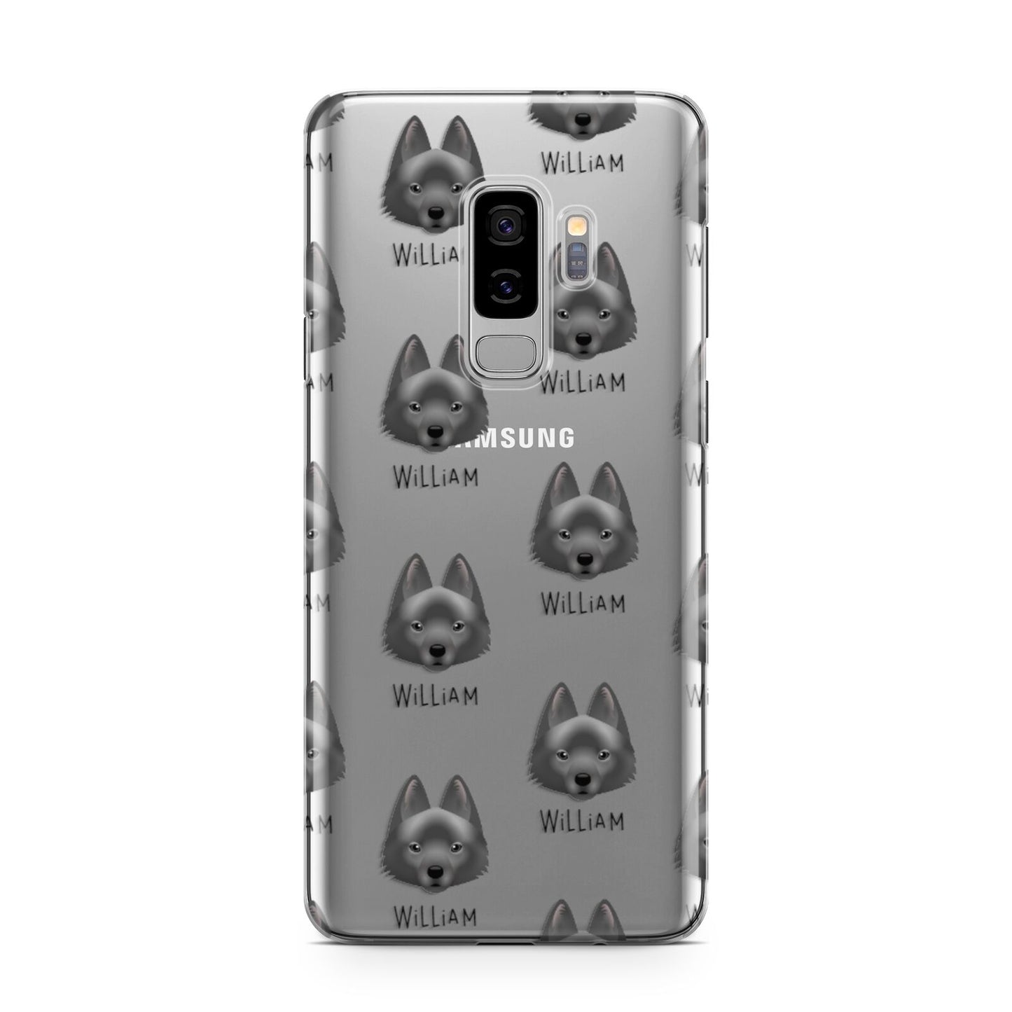 Schipperke Icon with Name Samsung Galaxy S9 Plus Case on Silver phone