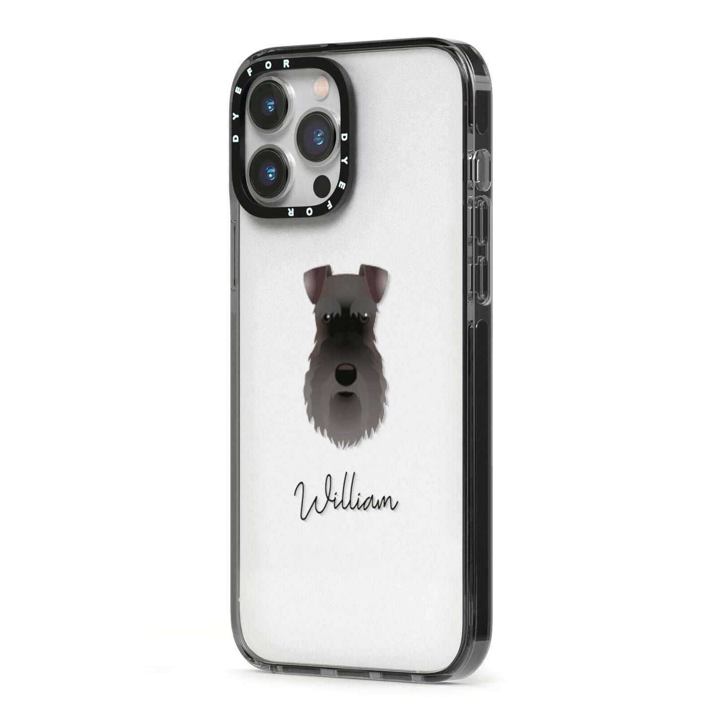 Schnauzer Personalised iPhone 13 Pro Max Black Impact Case Side Angle on Silver phone