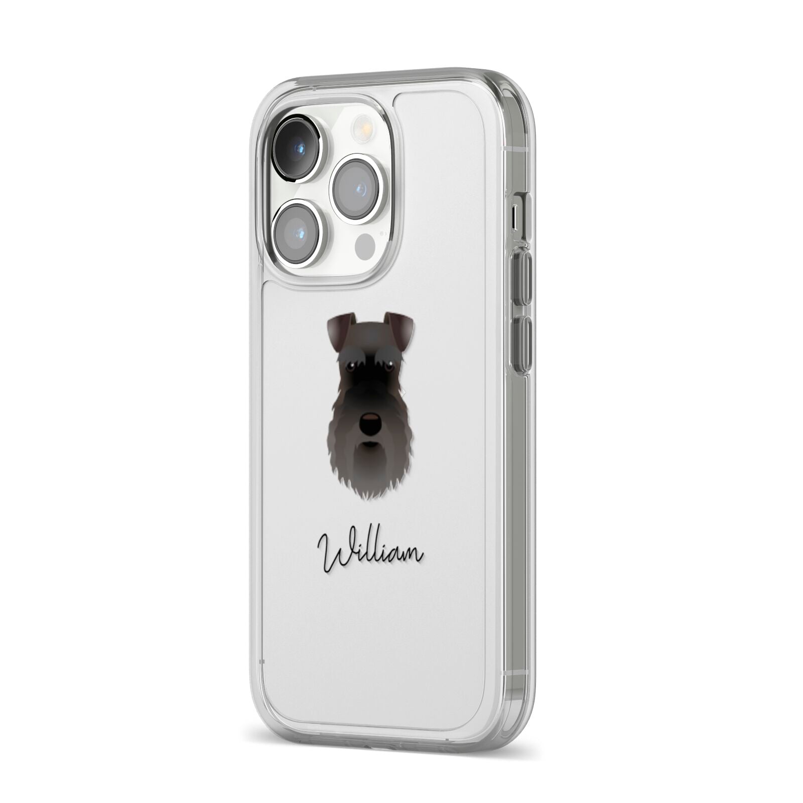 Schnauzer Personalised iPhone 14 Pro Clear Tough Case Silver Angled Image