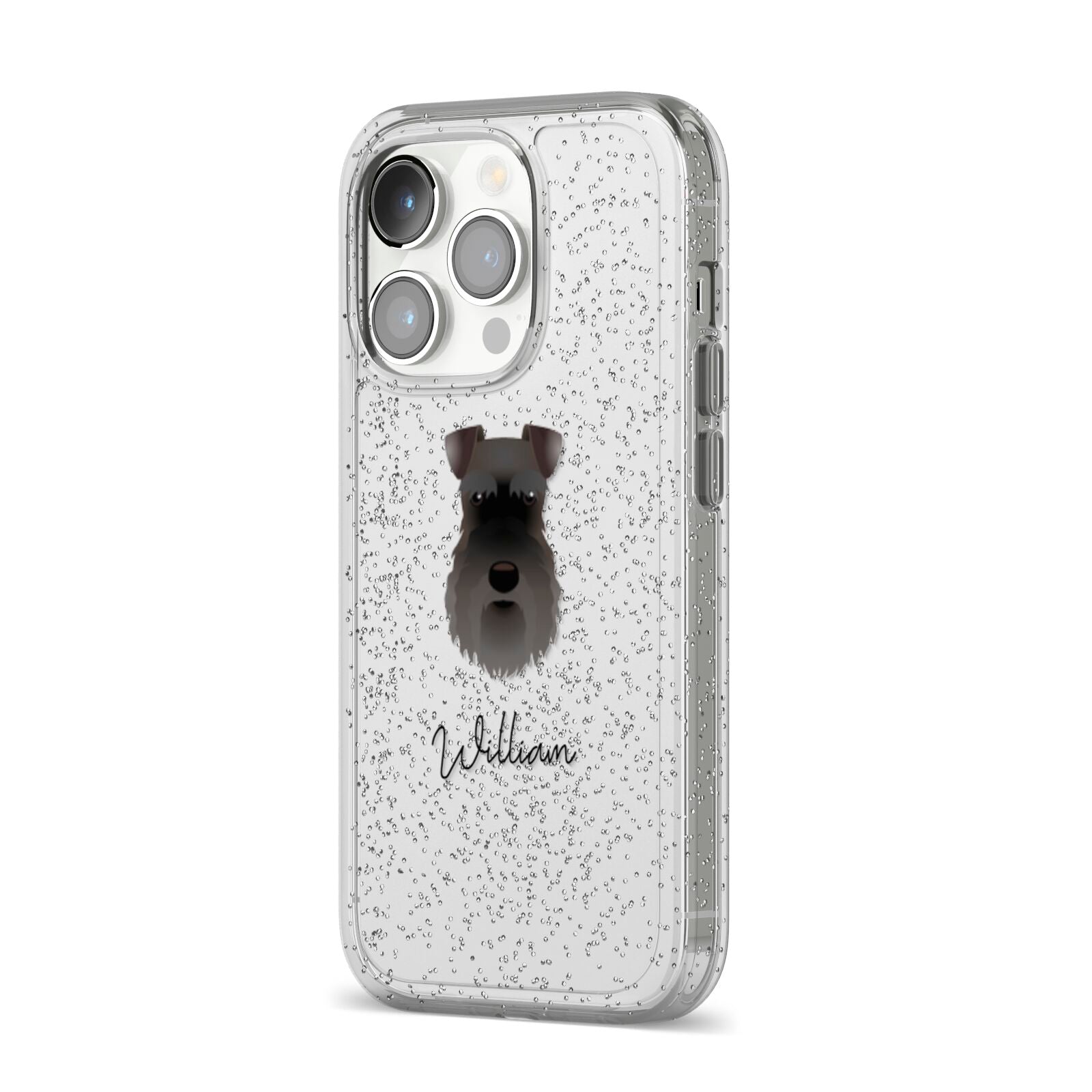 Schnauzer Personalised iPhone 14 Pro Glitter Tough Case Silver Angled Image