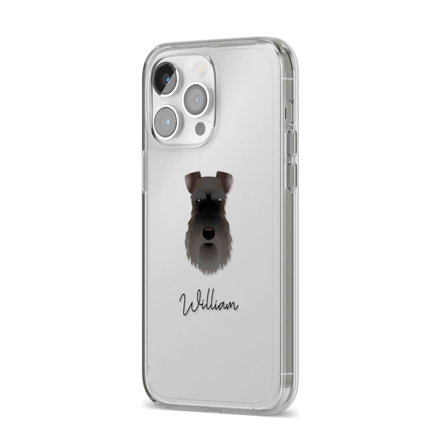 Schnauzer Personalised iPhone 14 Pro Max Clear Tough Case Silver Angled Image