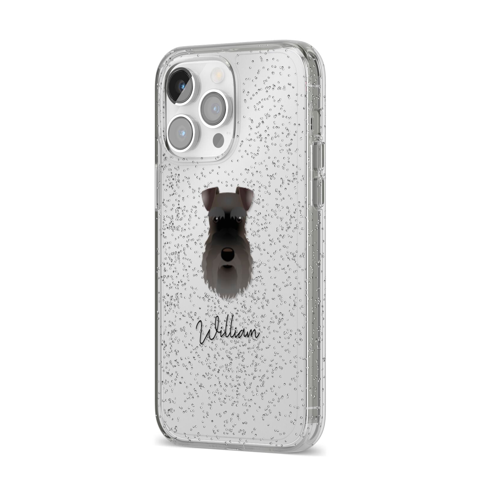 Schnauzer Personalised iPhone 14 Pro Max Glitter Tough Case Silver Angled Image