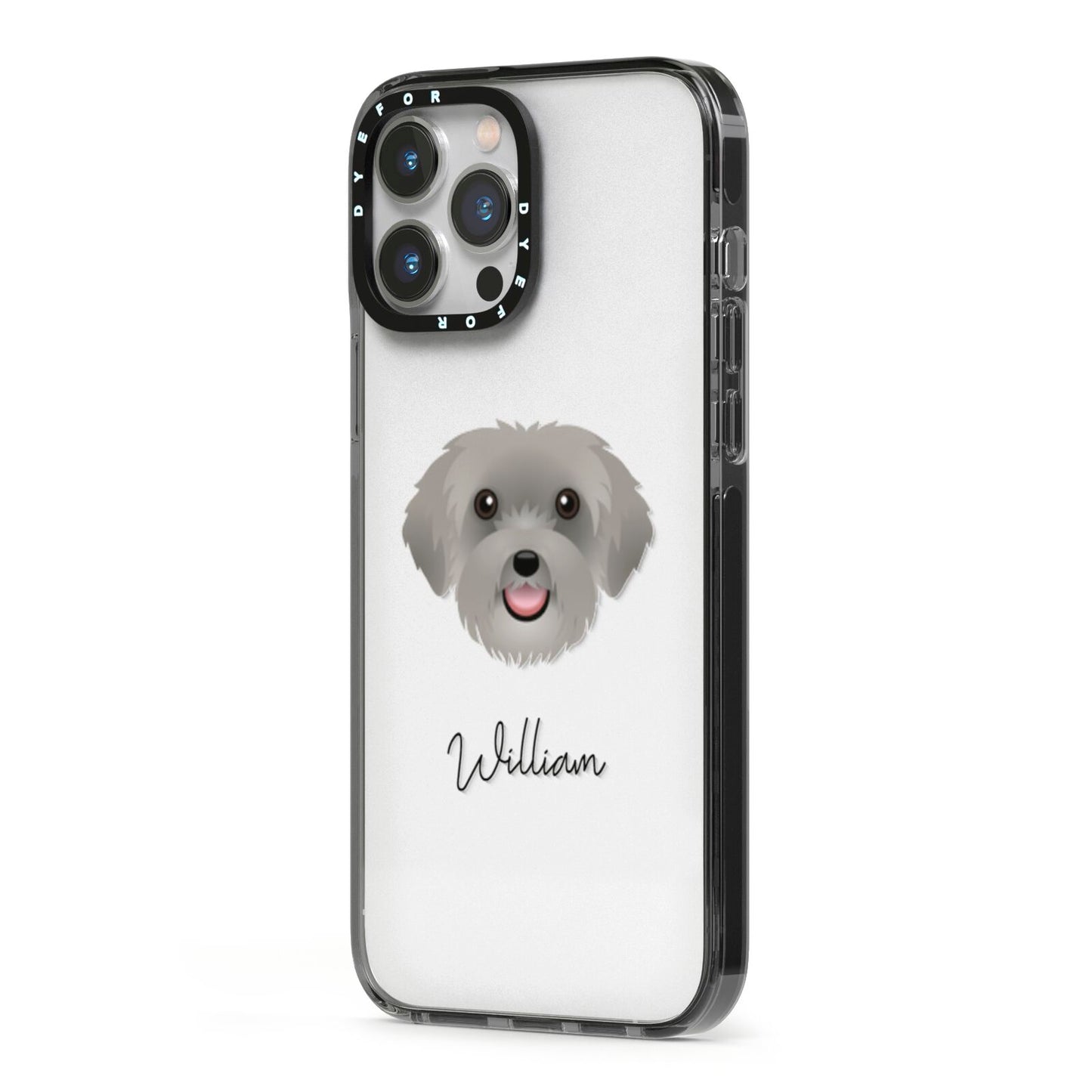 Schnoodle Personalised iPhone 13 Pro Max Black Impact Case Side Angle on Silver phone