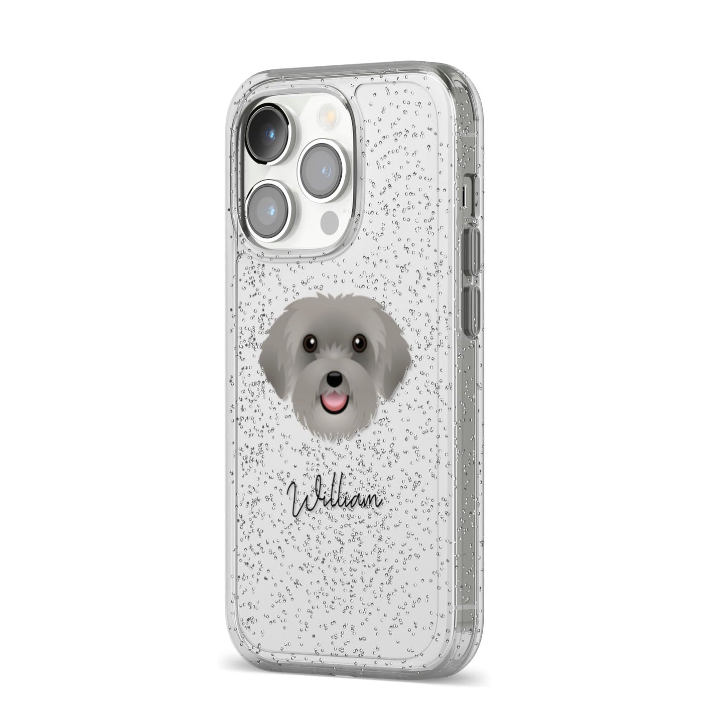 Schnoodle Personalised iPhone 14 Pro Glitter Tough Case Silver Angled Image