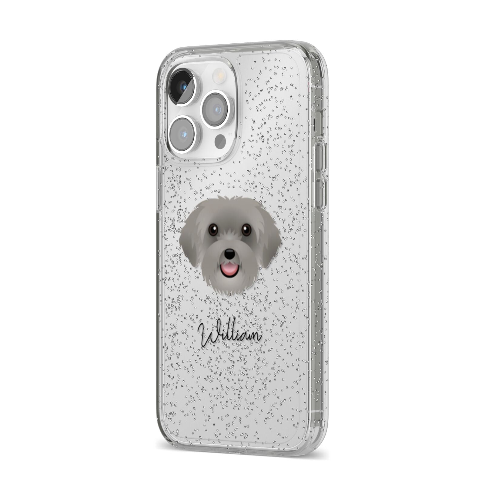 Schnoodle Personalised iPhone 14 Pro Max Glitter Tough Case Silver Angled Image