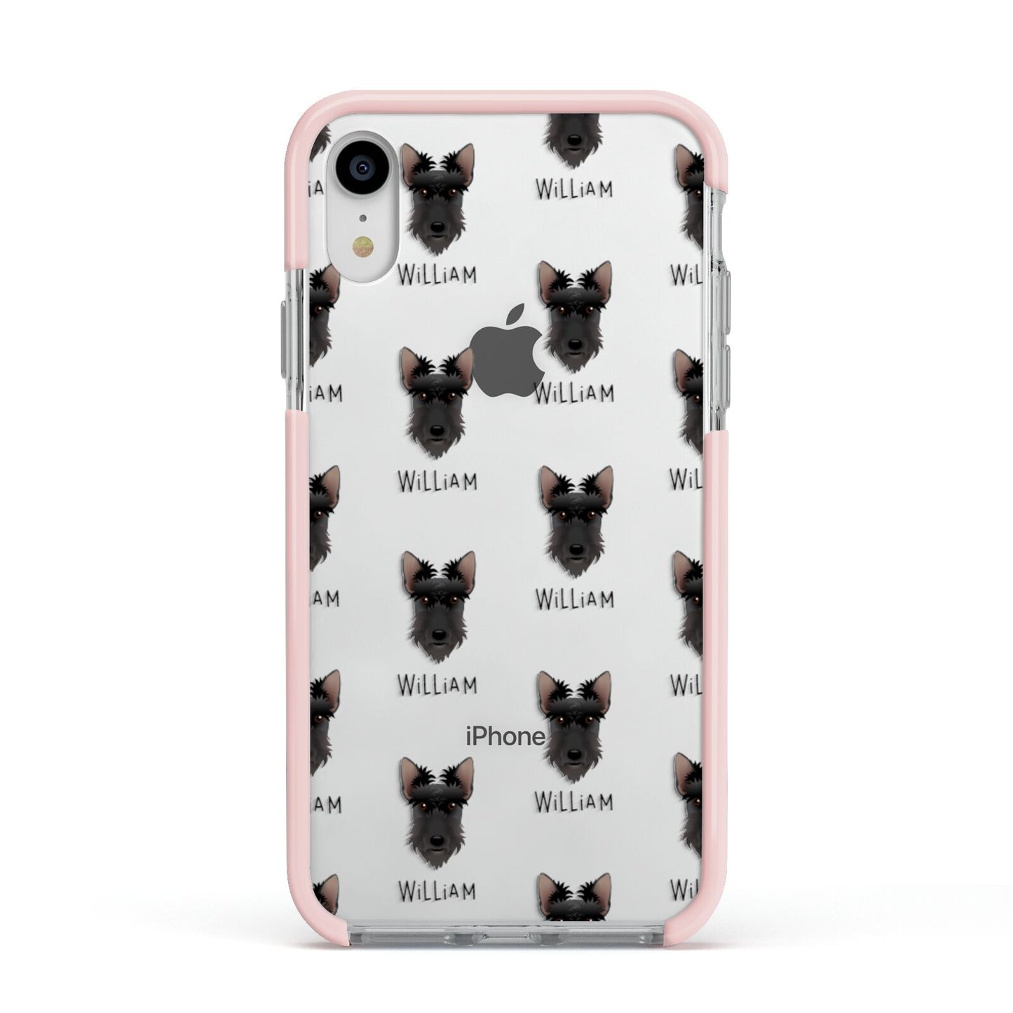 Scottish Terrier Icon with Name Apple iPhone XR Impact Case Pink Edge on Silver Phone