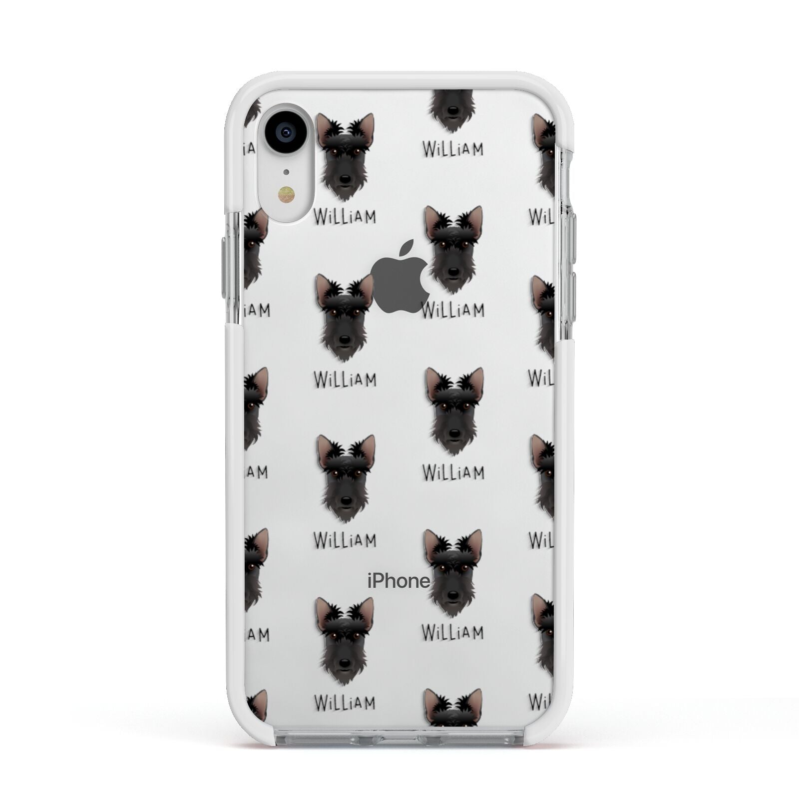 Scottish Terrier Icon with Name Apple iPhone XR Impact Case White Edge on Silver Phone