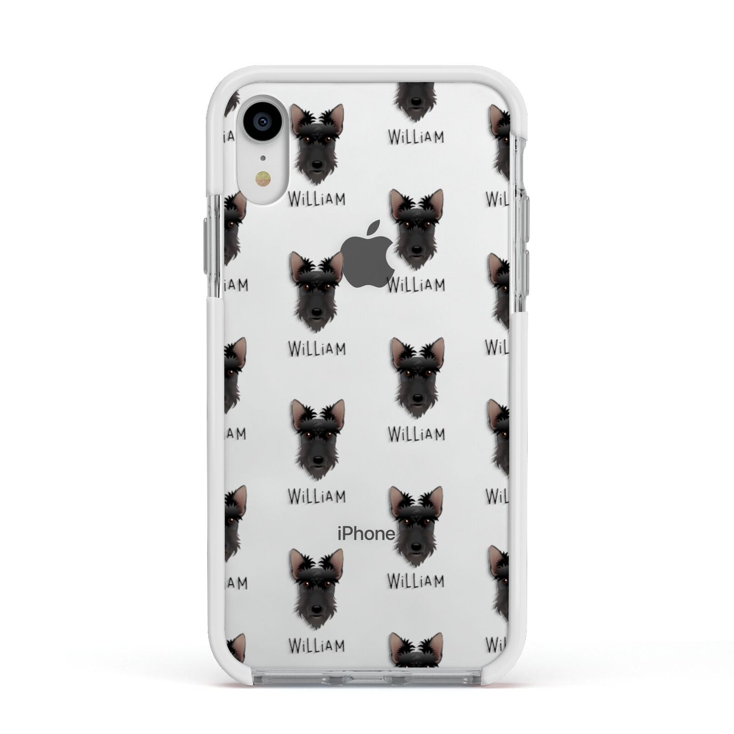 Scottish Terrier Icon with Name Apple iPhone XR Impact Case White Edge on Silver Phone