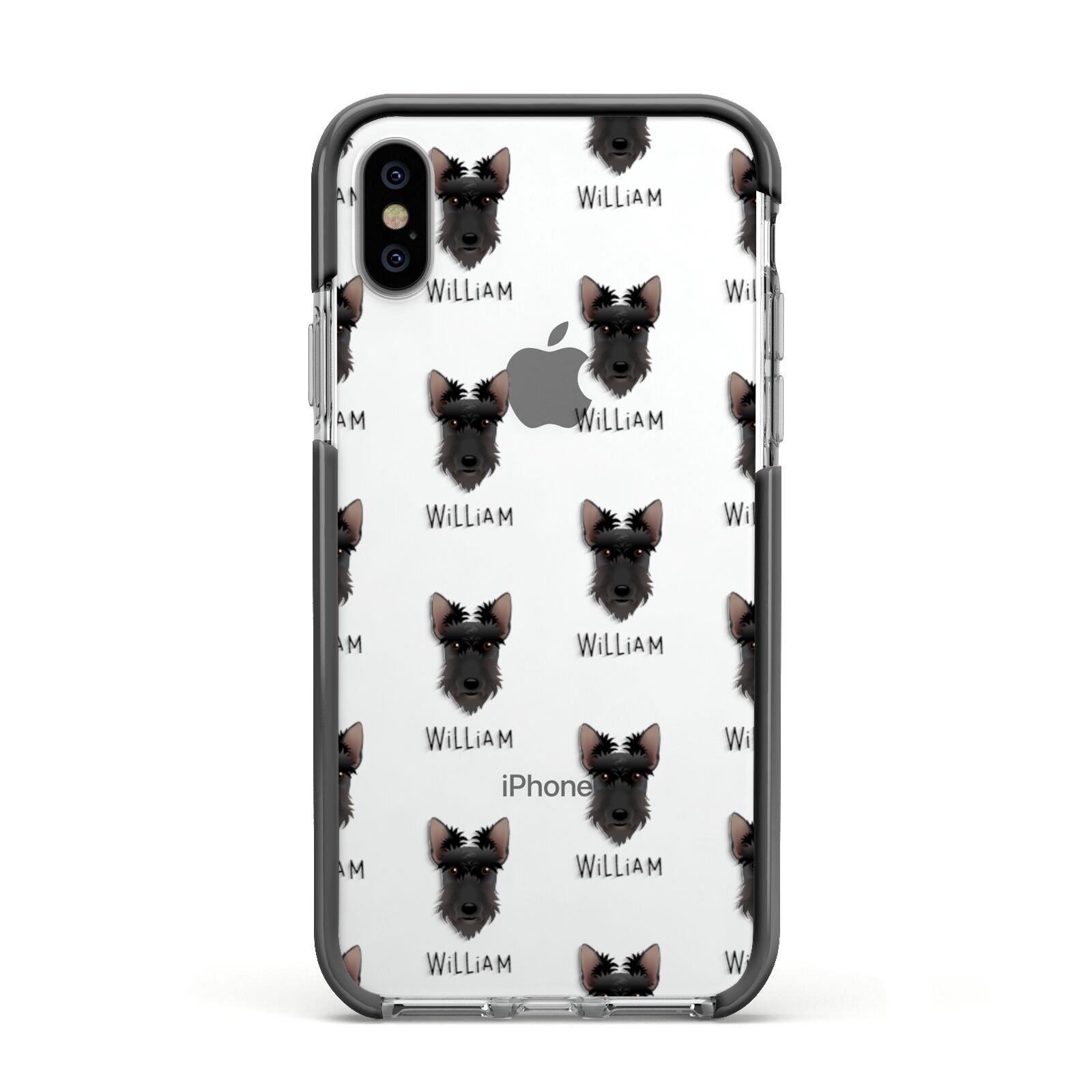 Scottish Terrier Icon with Name Apple iPhone Xs Impact Case Black Edge on Silver Phone