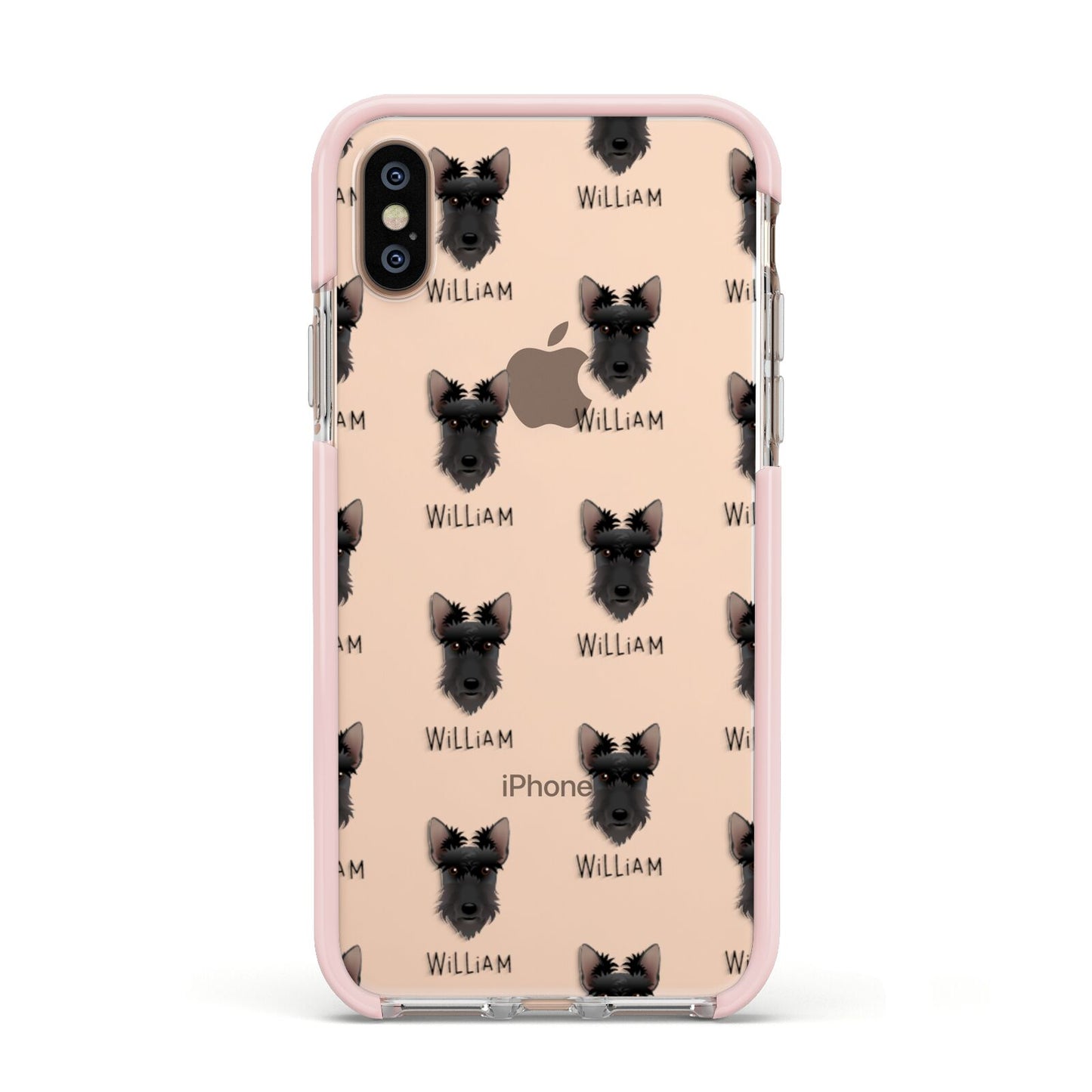 Scottish Terrier Icon with Name Apple iPhone Xs Impact Case Pink Edge on Gold Phone