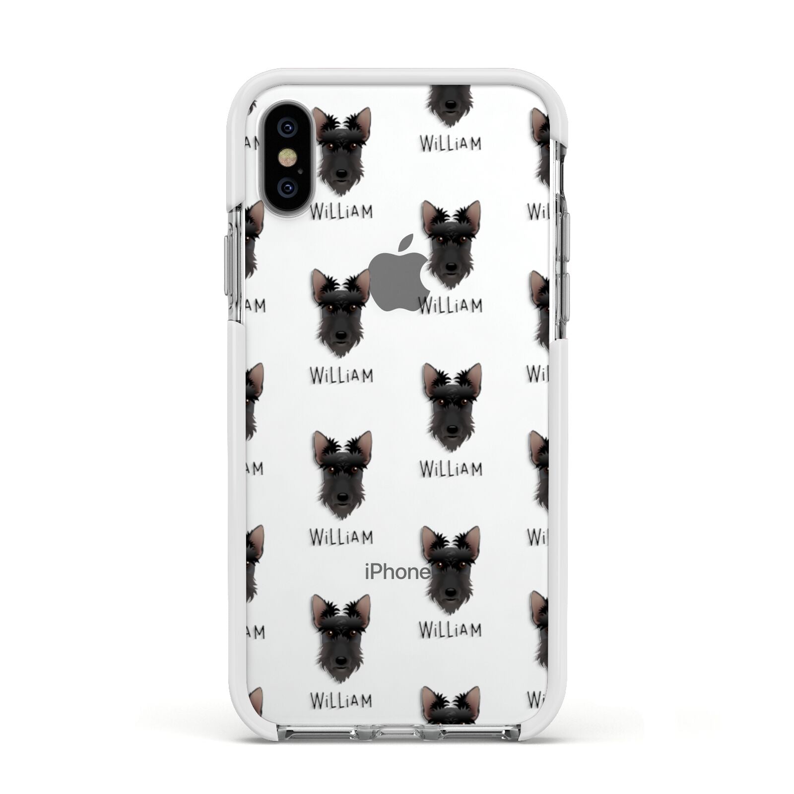 Scottish Terrier Icon with Name Apple iPhone Xs Impact Case White Edge on Silver Phone