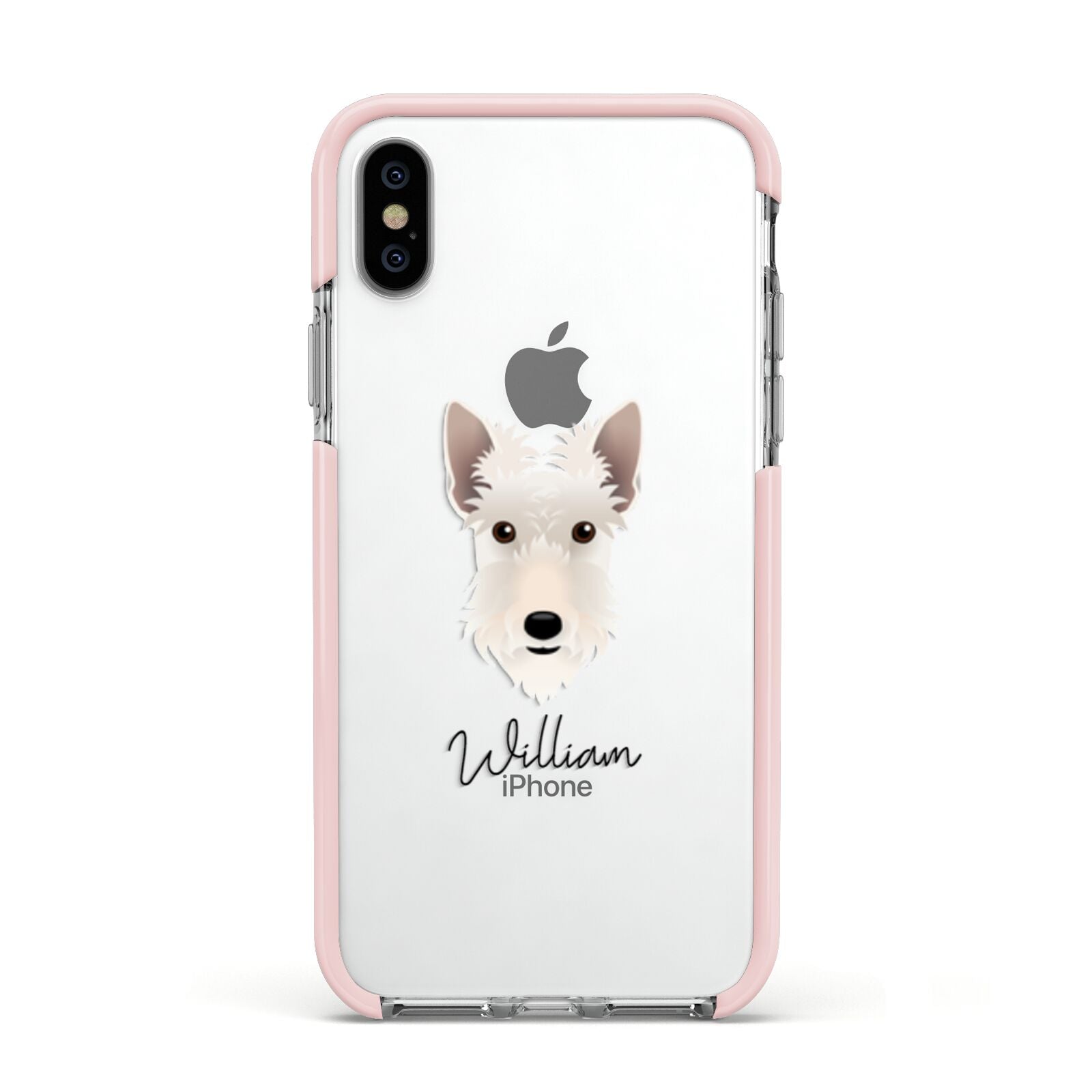 Scottish Terrier Personalised Apple iPhone Xs Impact Case Pink Edge on Silver Phone