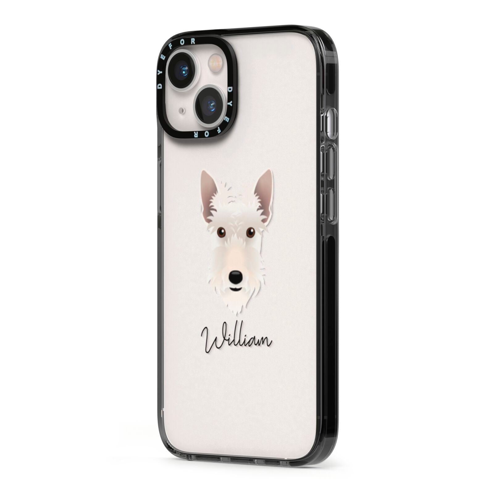 Scottish Terrier Personalised iPhone 13 Black Impact Case Side Angle on Silver phone