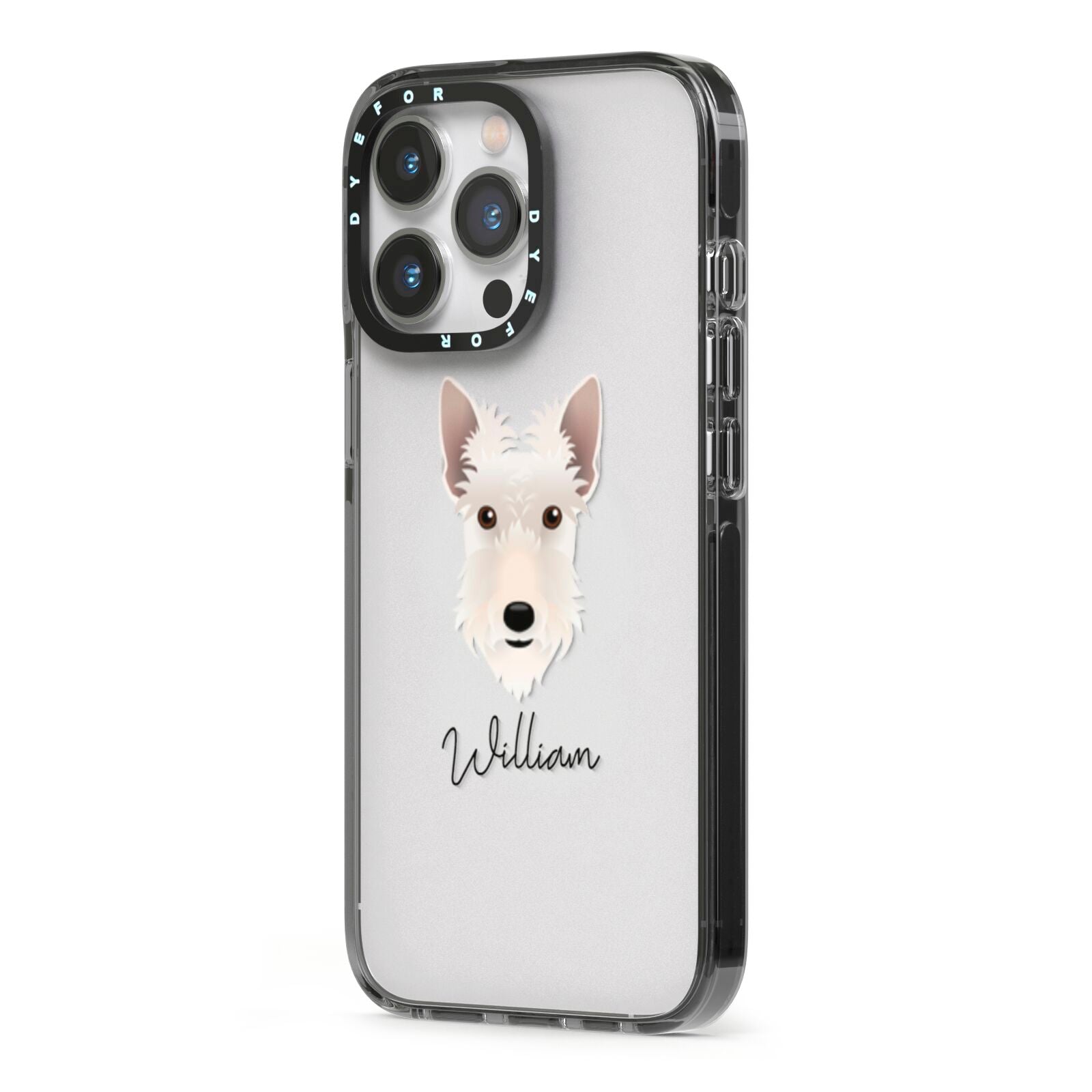 Scottish Terrier Personalised iPhone 13 Pro Black Impact Case Side Angle on Silver phone