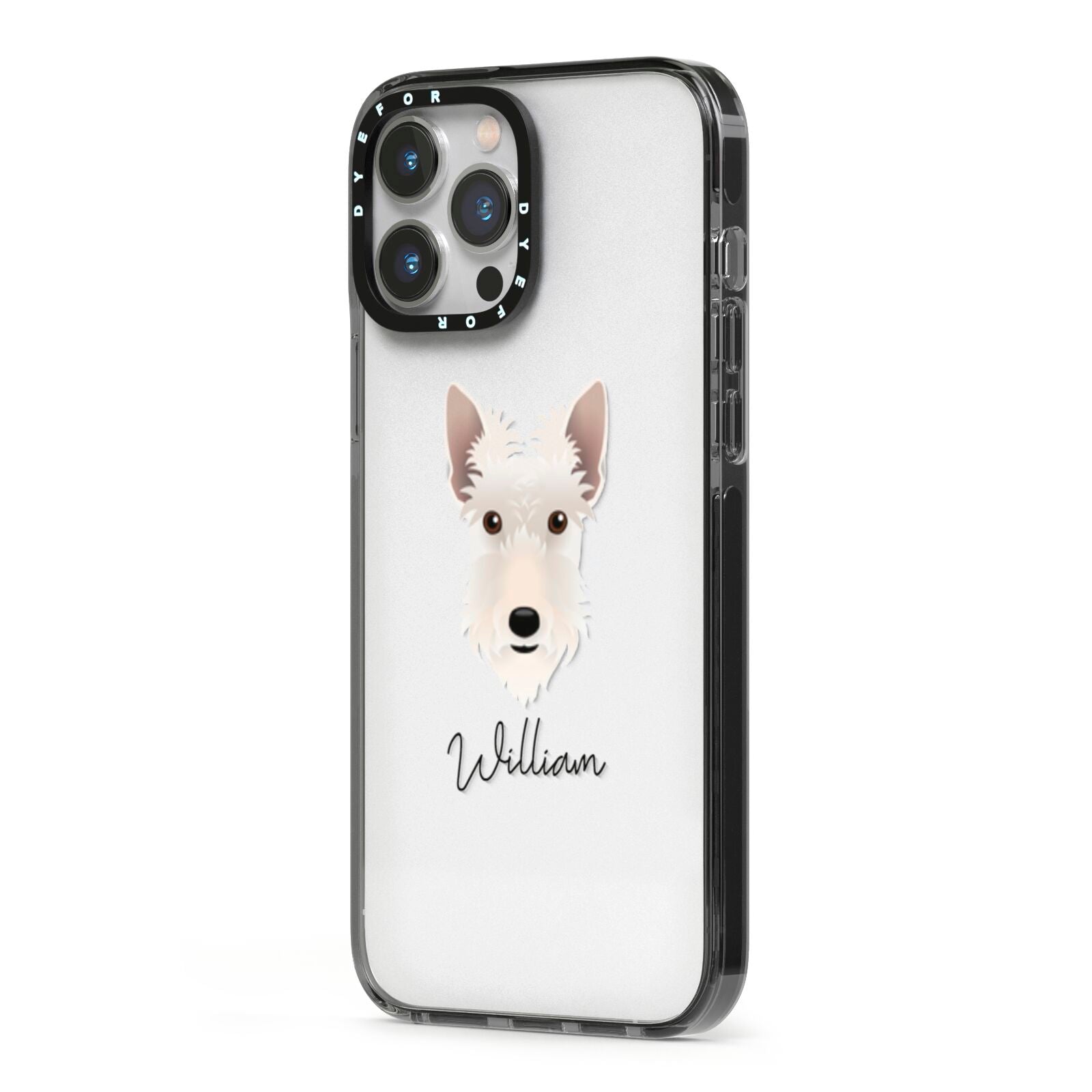 Scottish Terrier Personalised iPhone 13 Pro Max Black Impact Case Side Angle on Silver phone