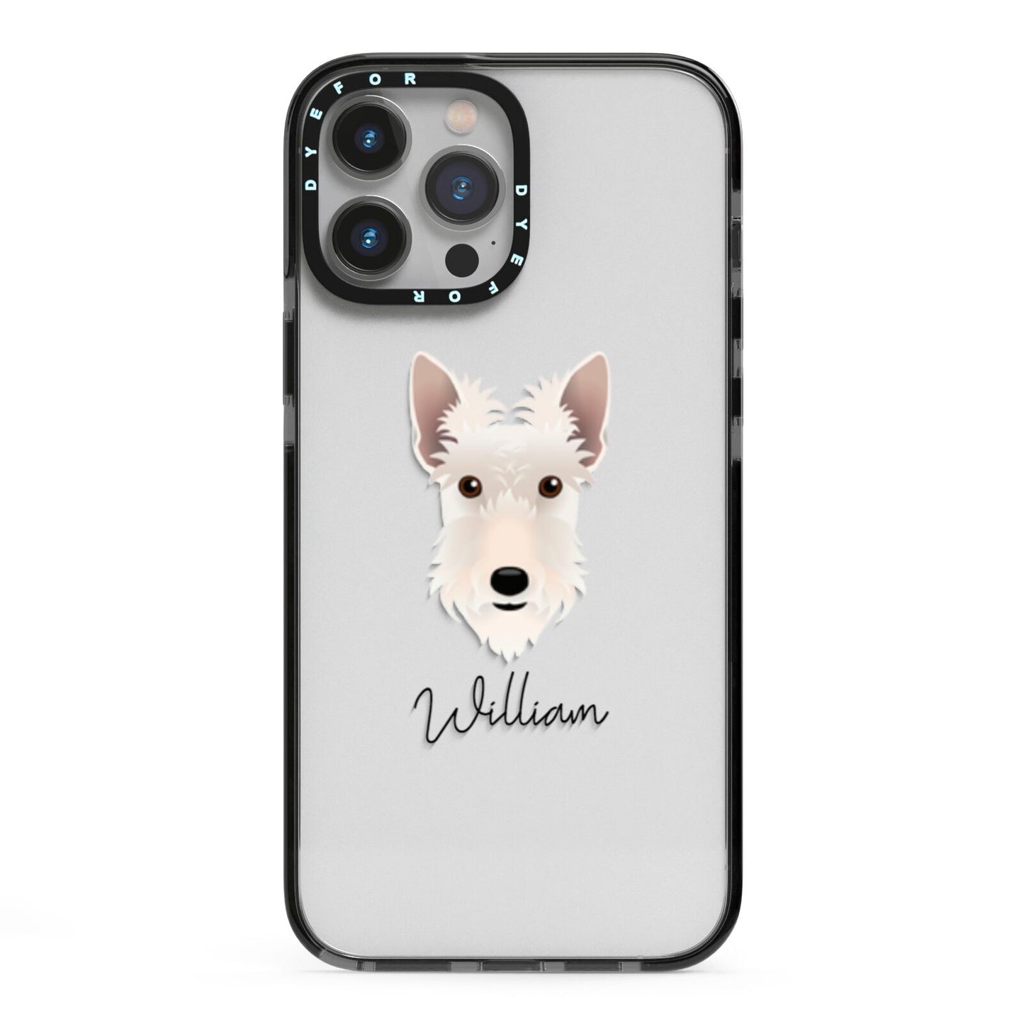 Scottish Terrier Personalised iPhone 13 Pro Max Black Impact Case on Silver phone