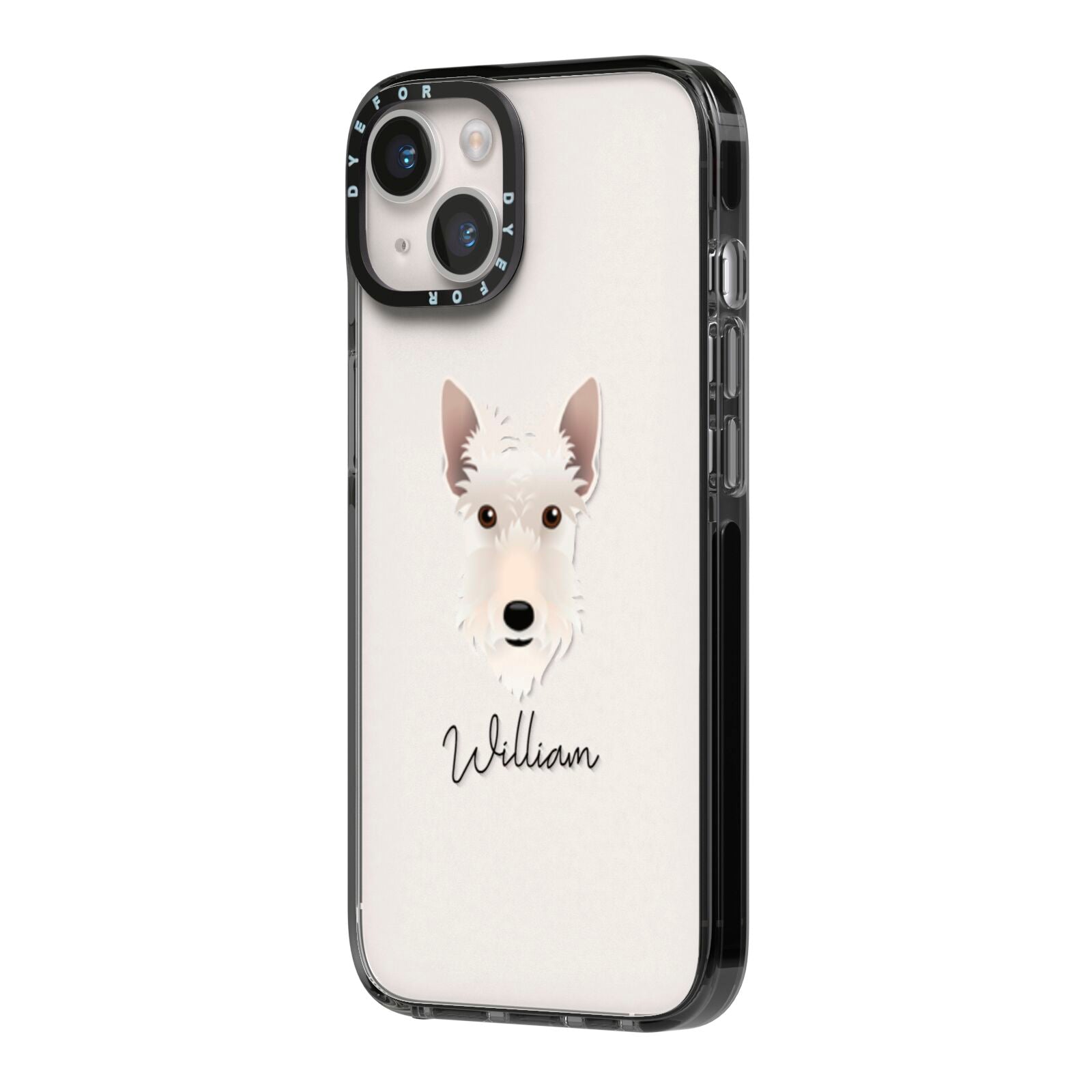 Scottish Terrier Personalised iPhone 14 Black Impact Case Side Angle on Silver phone