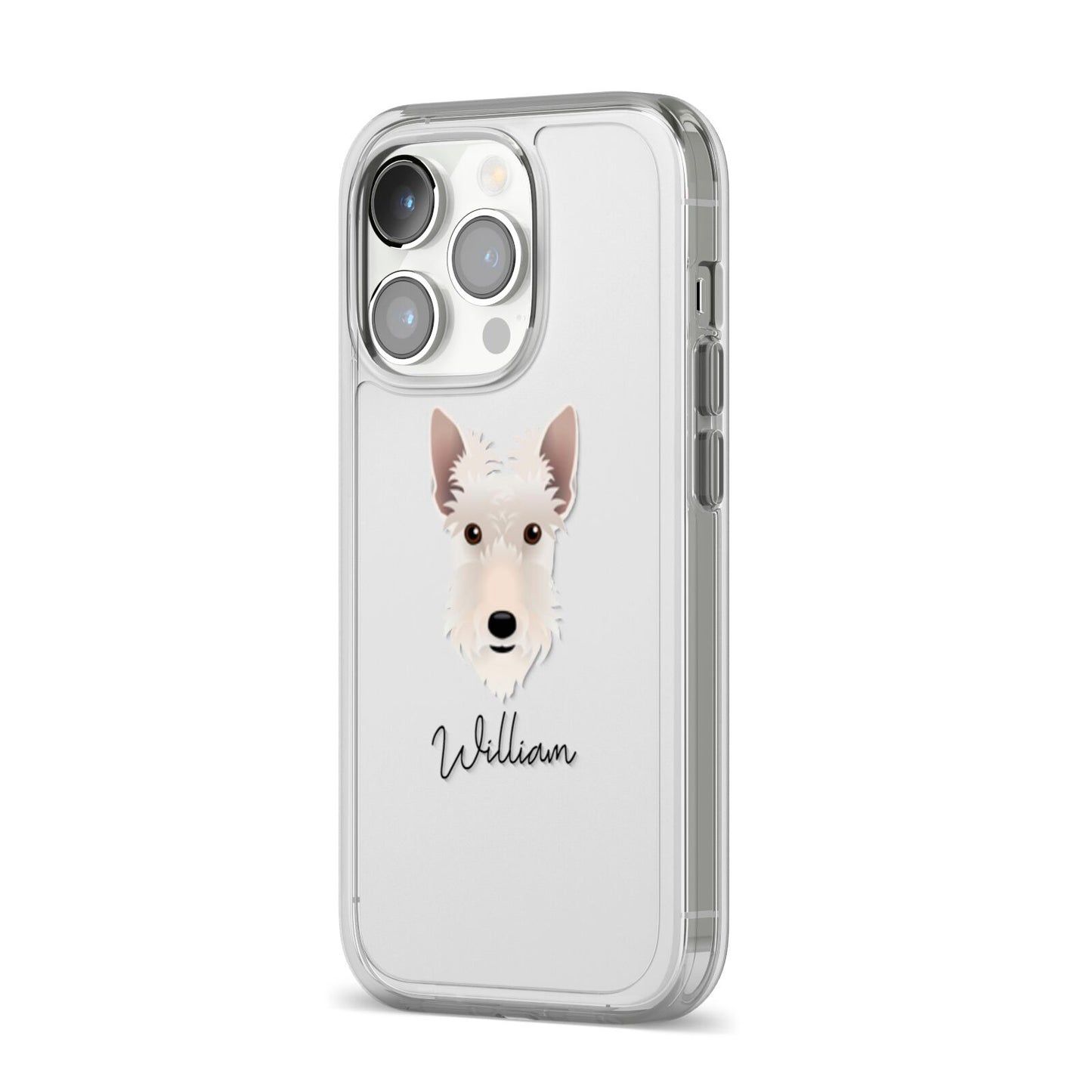 Scottish Terrier Personalised iPhone 14 Pro Clear Tough Case Silver Angled Image