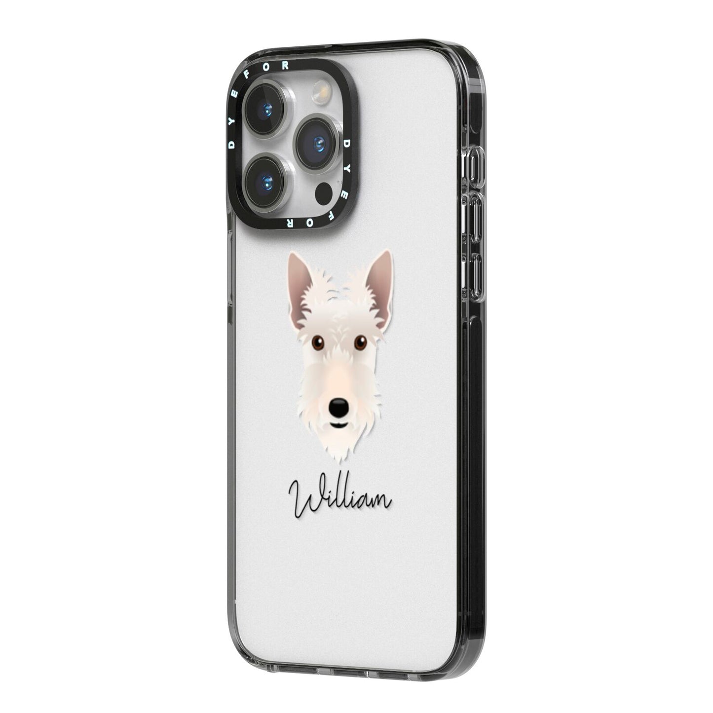 Scottish Terrier Personalised iPhone 14 Pro Max Black Impact Case Side Angle on Silver phone