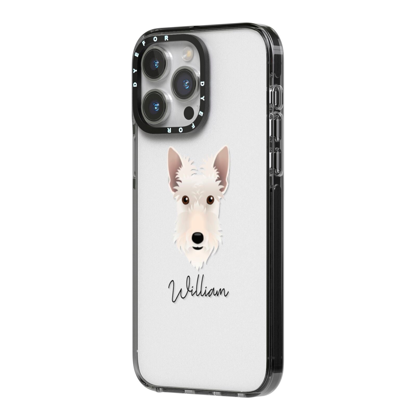 Scottish Terrier Personalised iPhone 14 Pro Max Black Impact Case Side Angle on Silver phone
