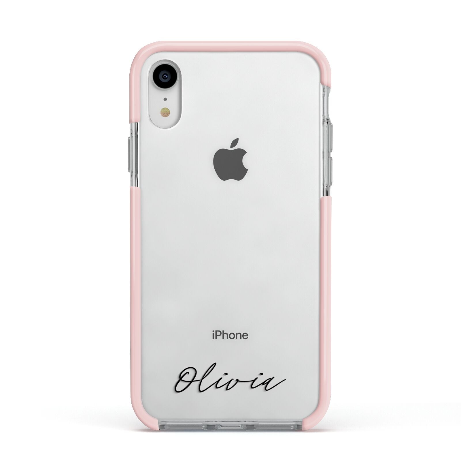 Scroll Text Name Apple iPhone XR Impact Case Pink Edge on Silver Phone