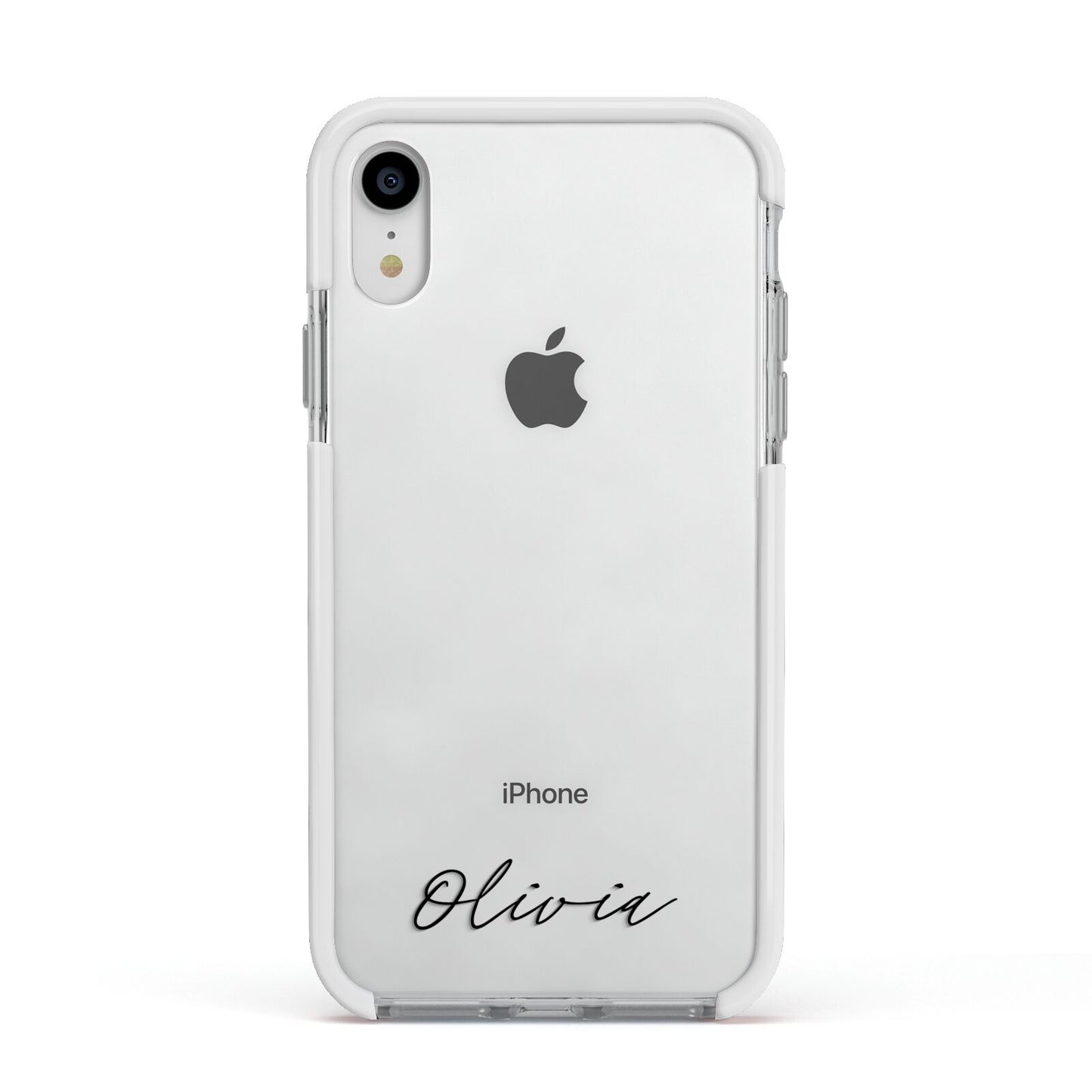 Scroll Text Name Apple iPhone XR Impact Case White Edge on Silver Phone