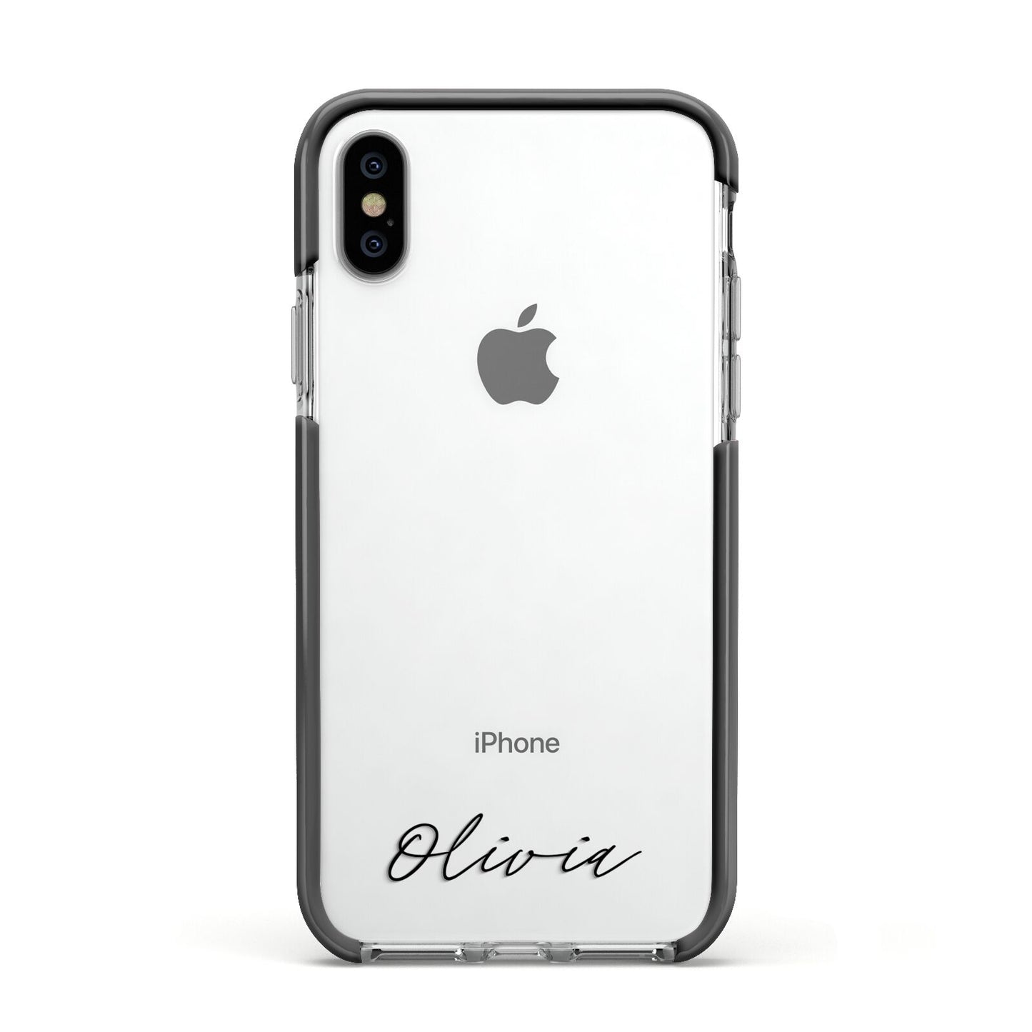 Scroll Text Name Apple iPhone Xs Impact Case Black Edge on Silver Phone