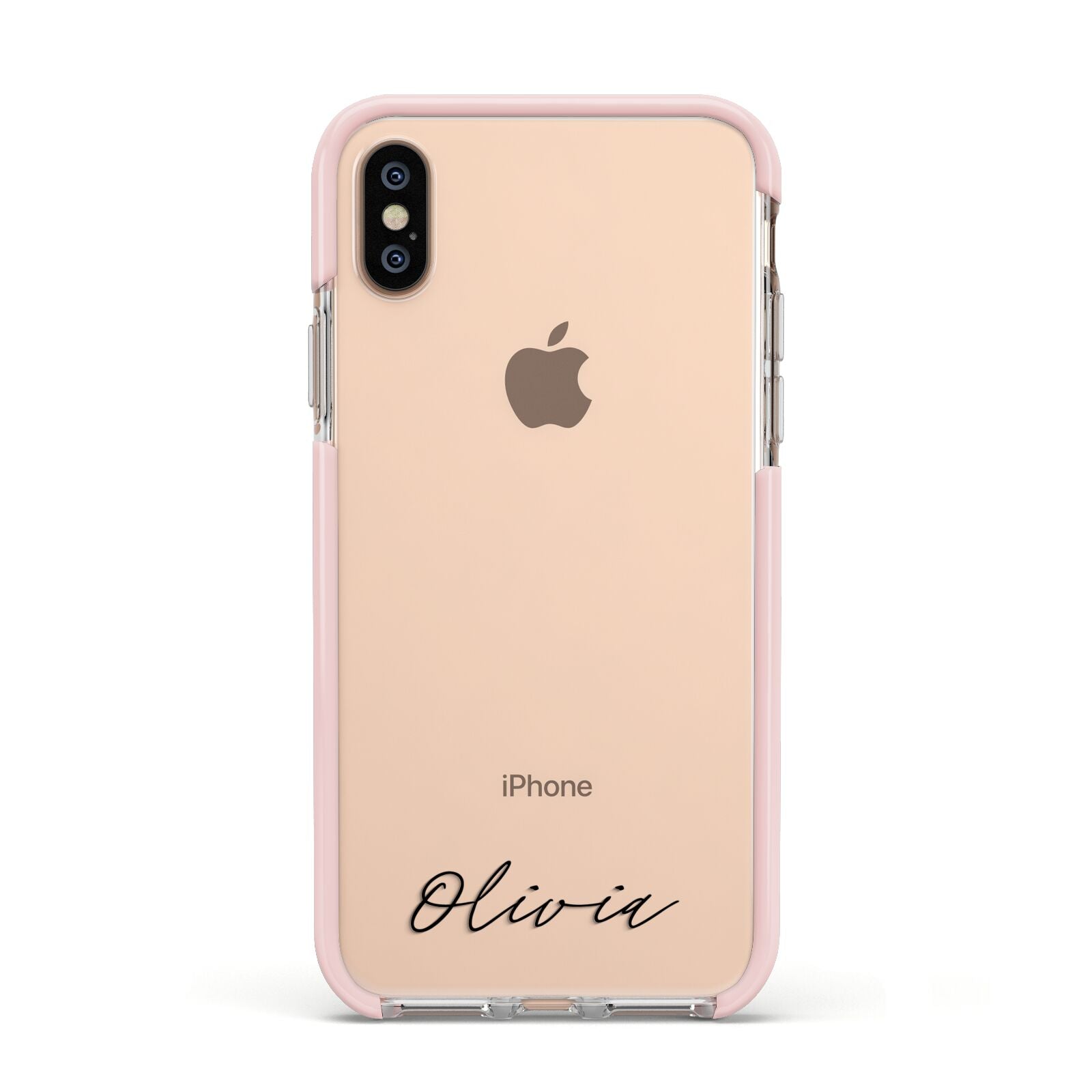 Scroll Text Name Apple iPhone Xs Impact Case Pink Edge on Gold Phone