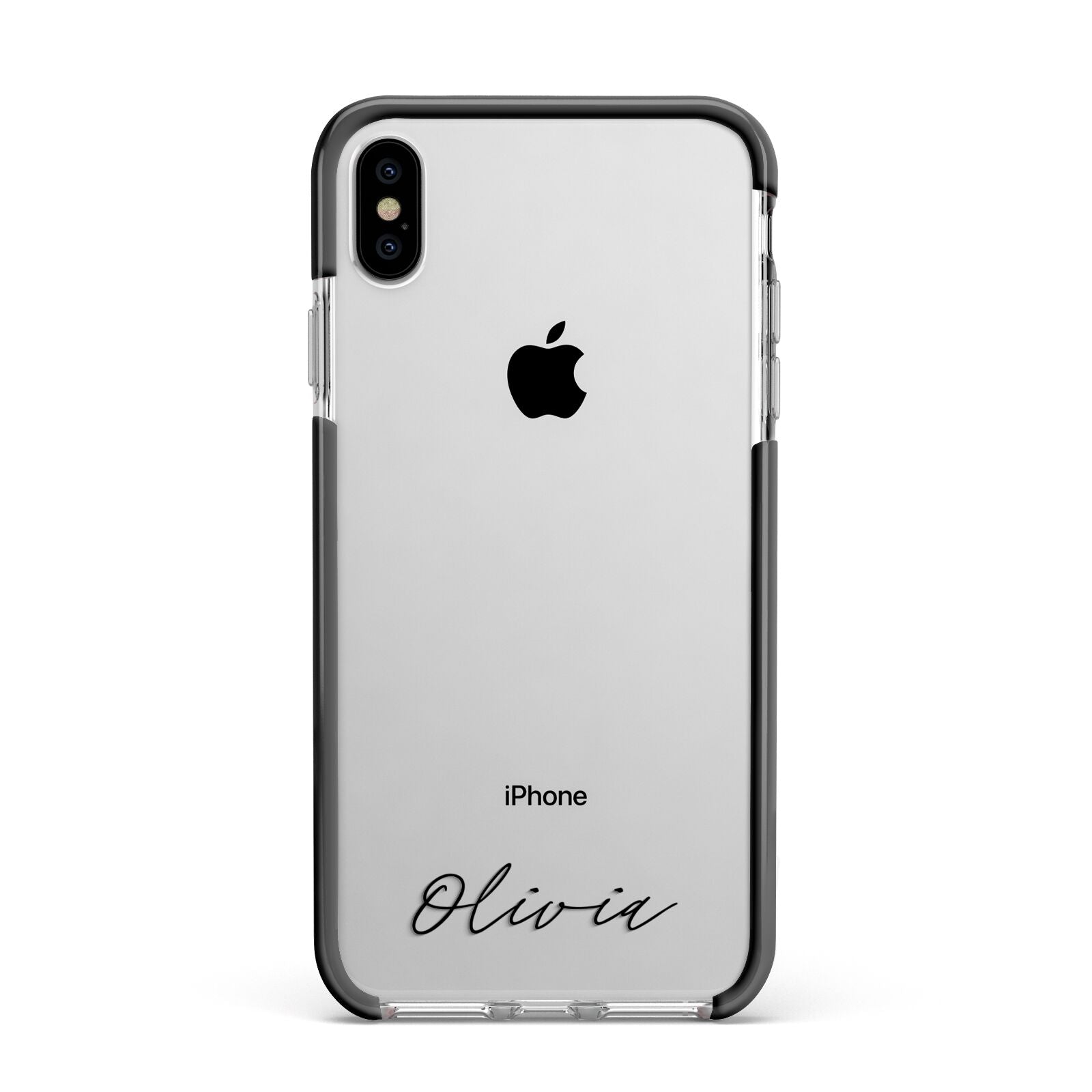 Scroll Text Name Apple iPhone Xs Max Impact Case Black Edge on Silver Phone