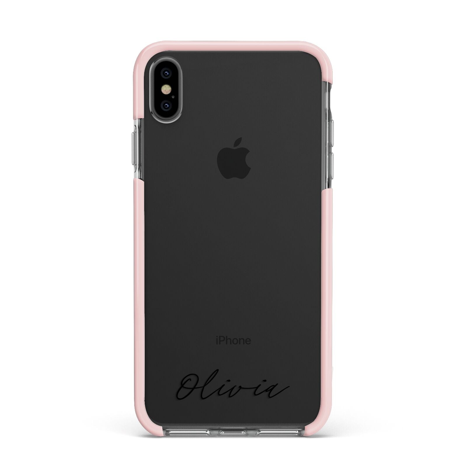 Scroll Text Name Apple iPhone Xs Max Impact Case Pink Edge on Black Phone