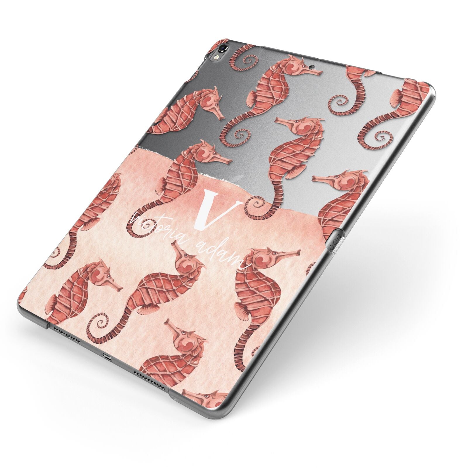 Sea Horse Personalised Apple iPad Case on Grey iPad Side View
