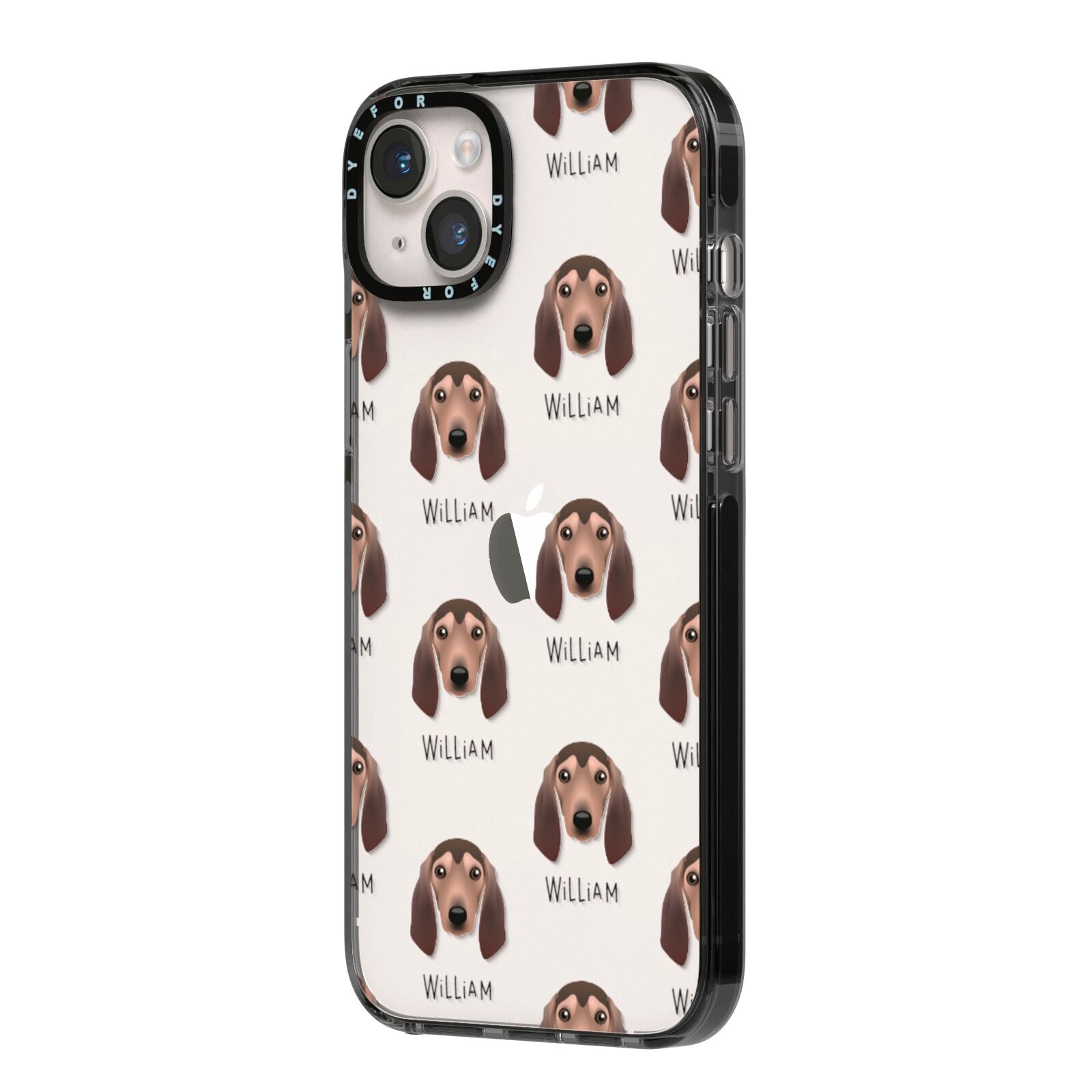 Segugio Italiano Icon with Name iPhone 14 Plus Black Impact Case Side Angle on Silver phone