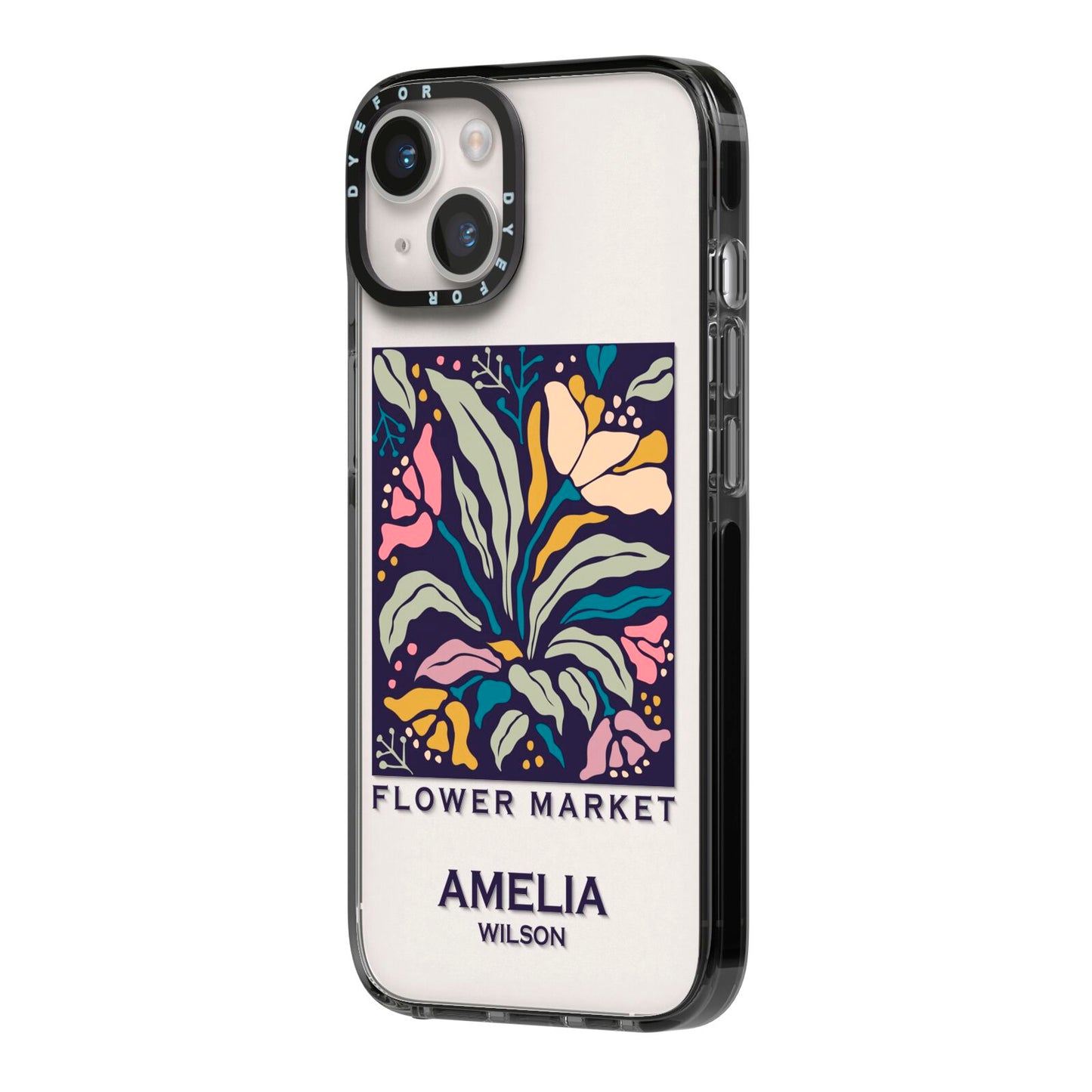 Seoul Flower Market iPhone 14 Black Impact Case Side Angle on Silver phone